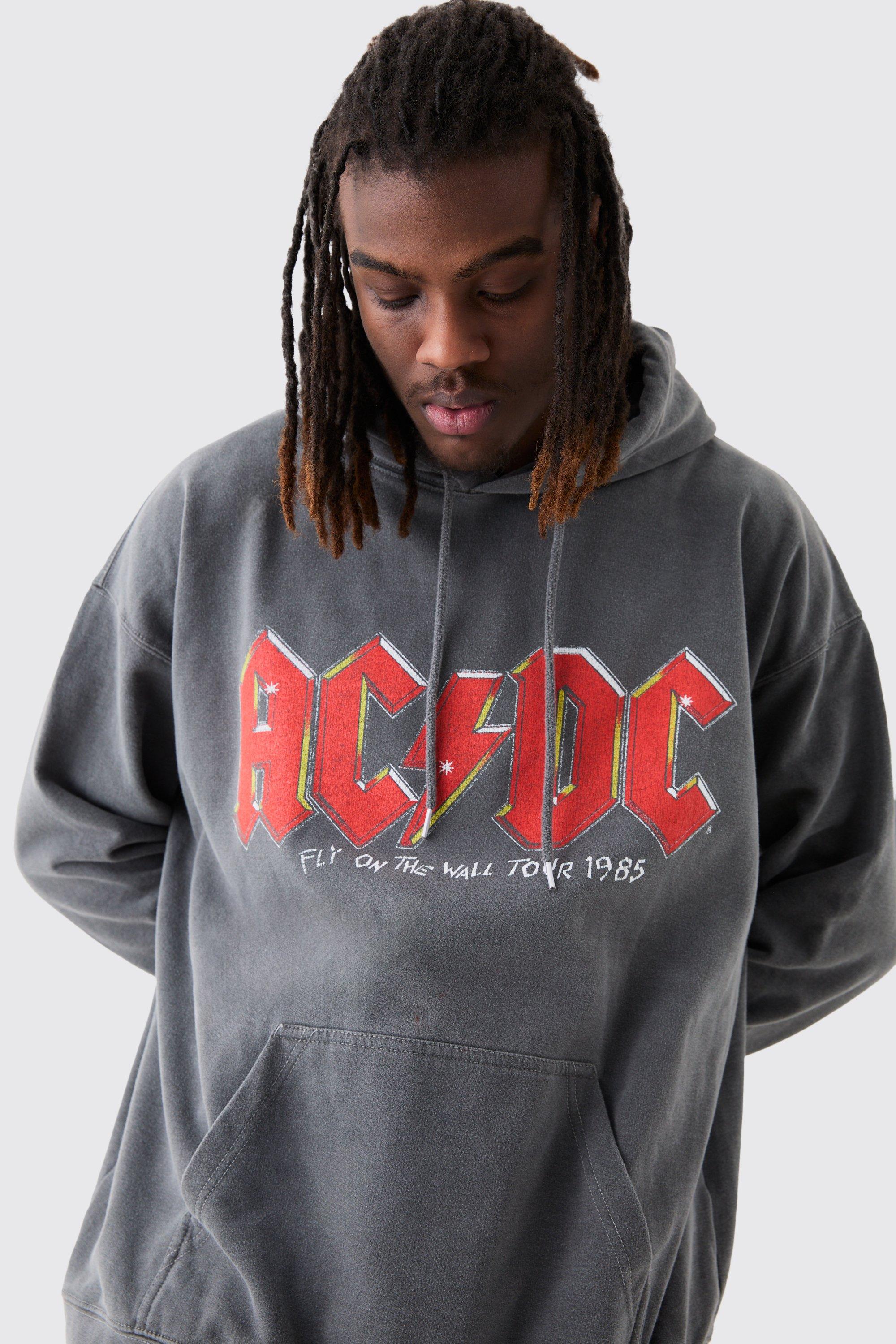 Mens Grey Oversized ACDC Band Wash License Hoodie, Grey