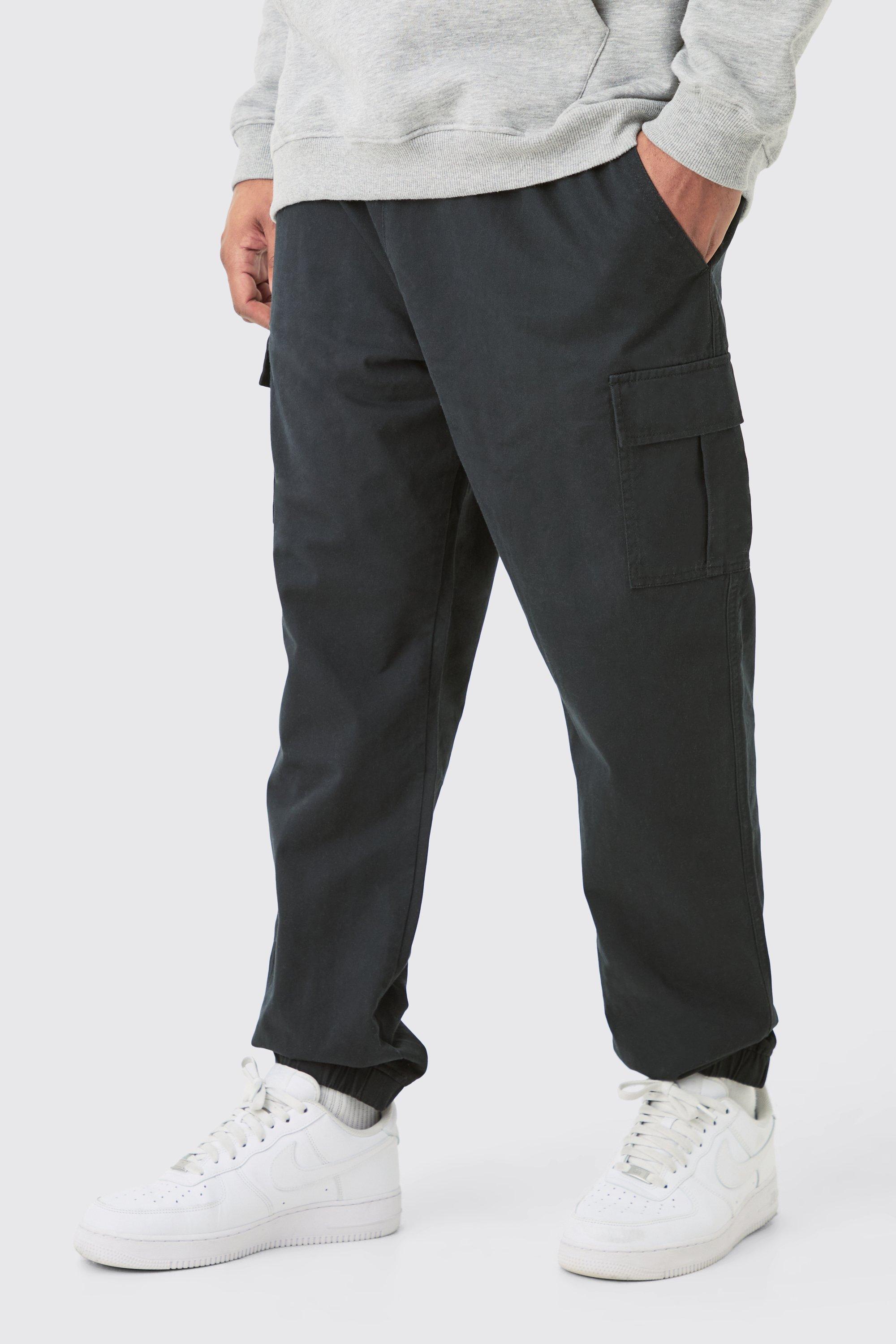 Mens Black Plus Elasticated Waist Slim Fit Cargo Trousers, Black