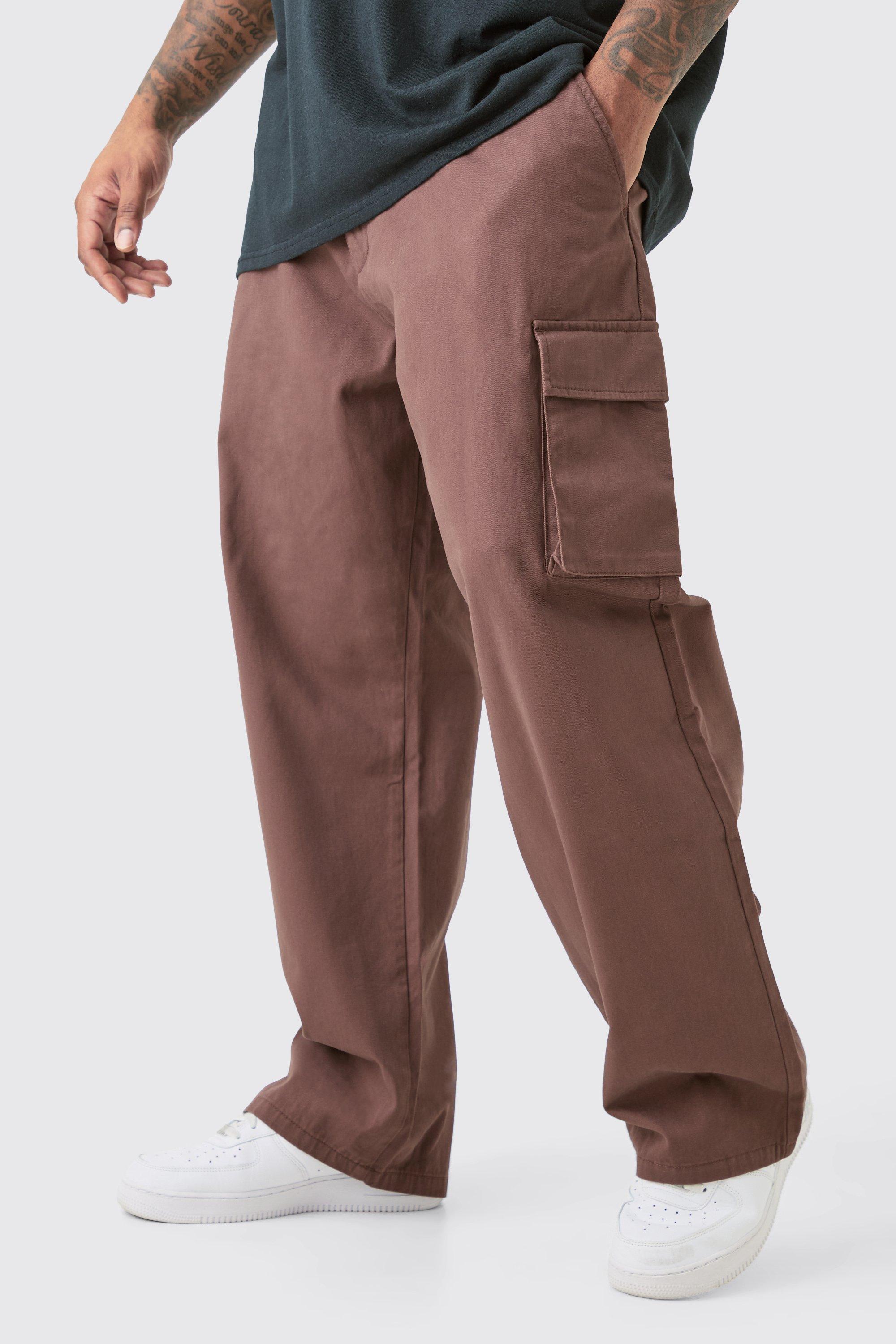 Mens Brown Plus Fixed Waist Relaxed Fit Cargo Trousers, Brown