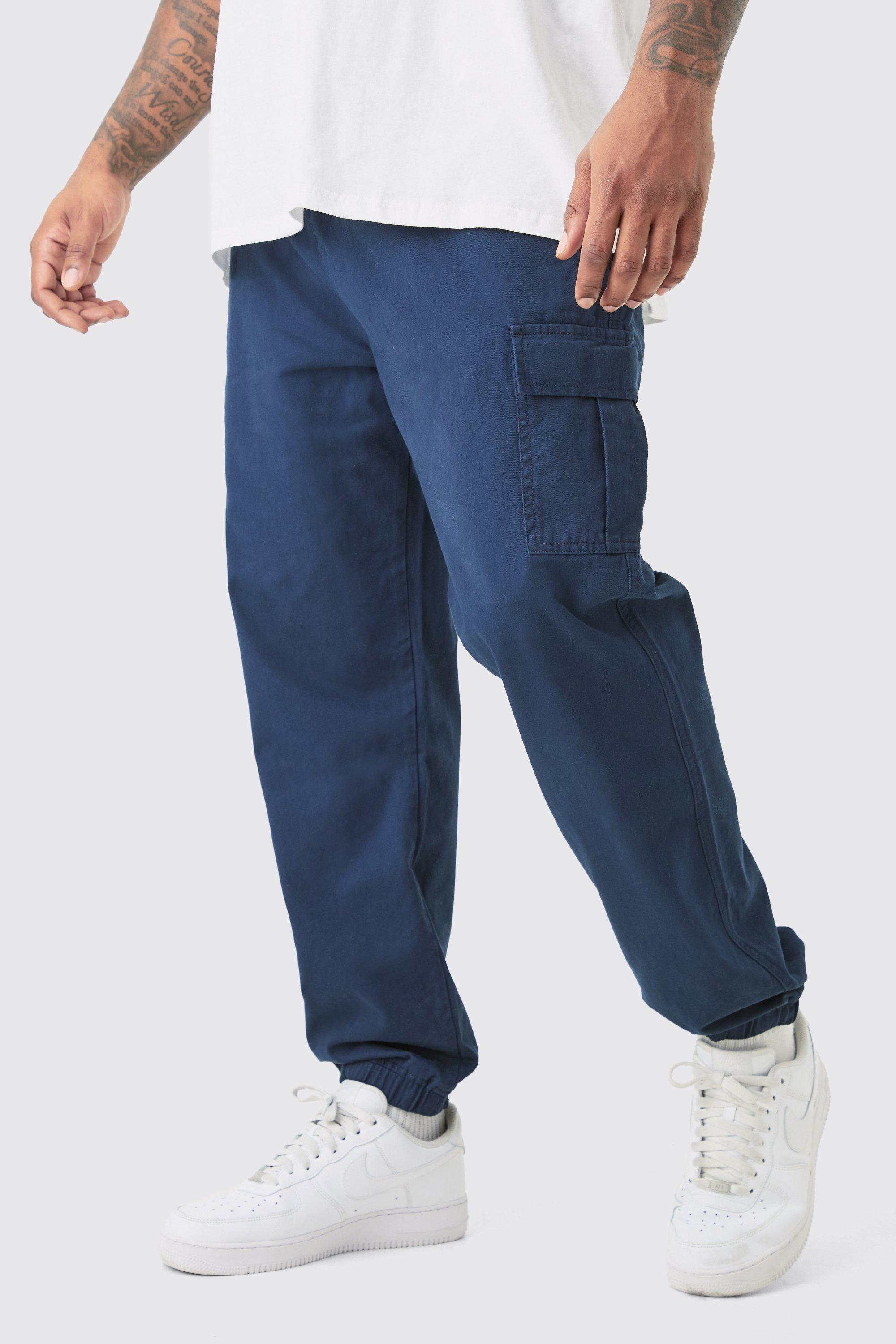 Mens Navy Plus Elasticated Waist Slim Fit Cargo Trousers, Navy