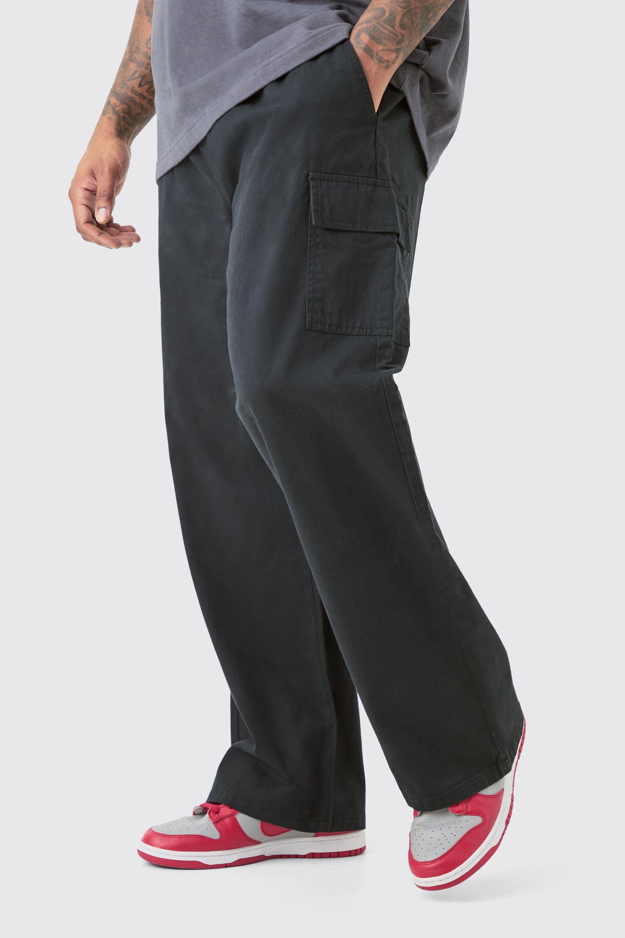 Image of Plus Elastic Waist Twill Relaxed Fit Cargo Trouser, Nero