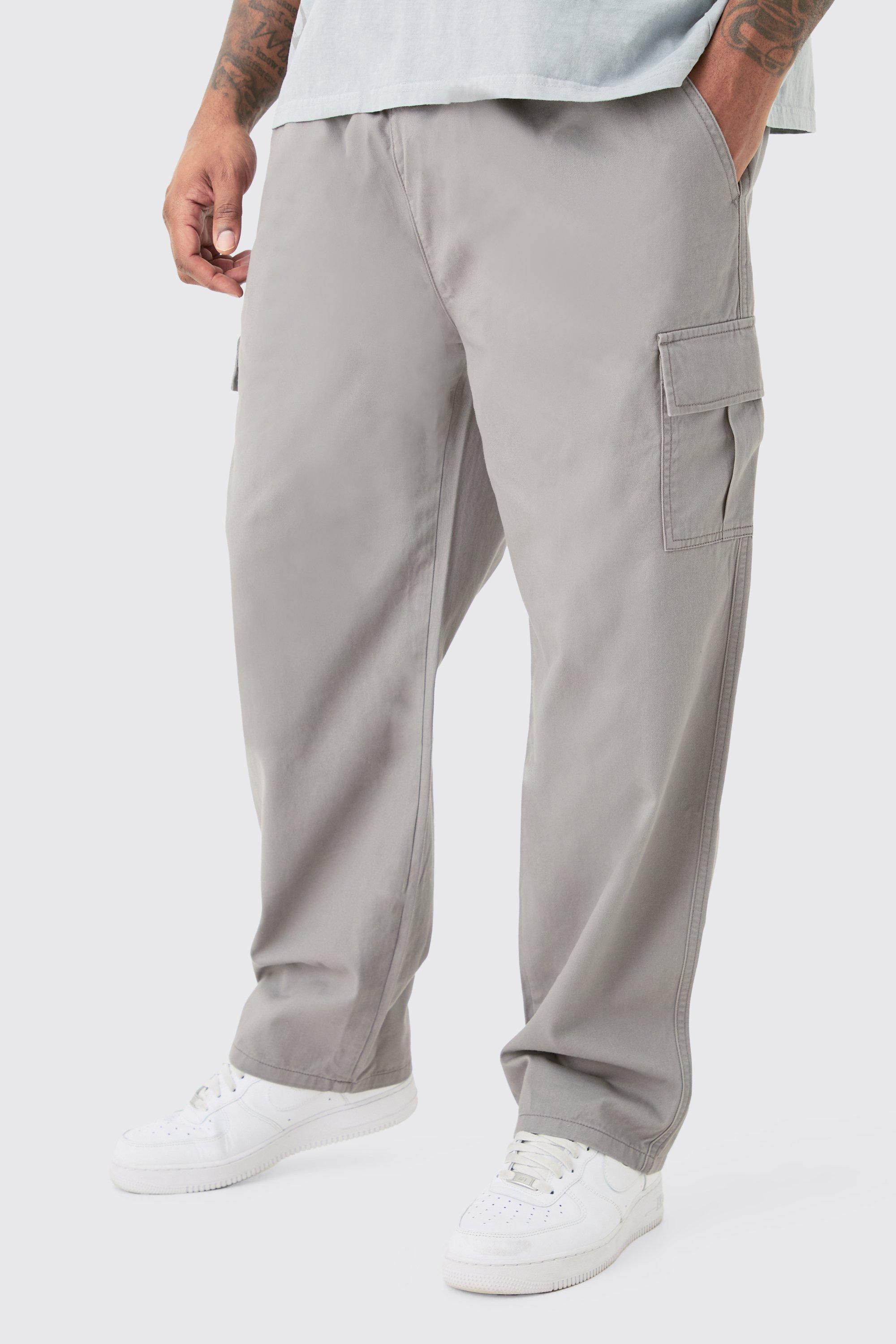 Mens Grey Plus Fixed Waist Straight Fit Cargo Trousers, Grey