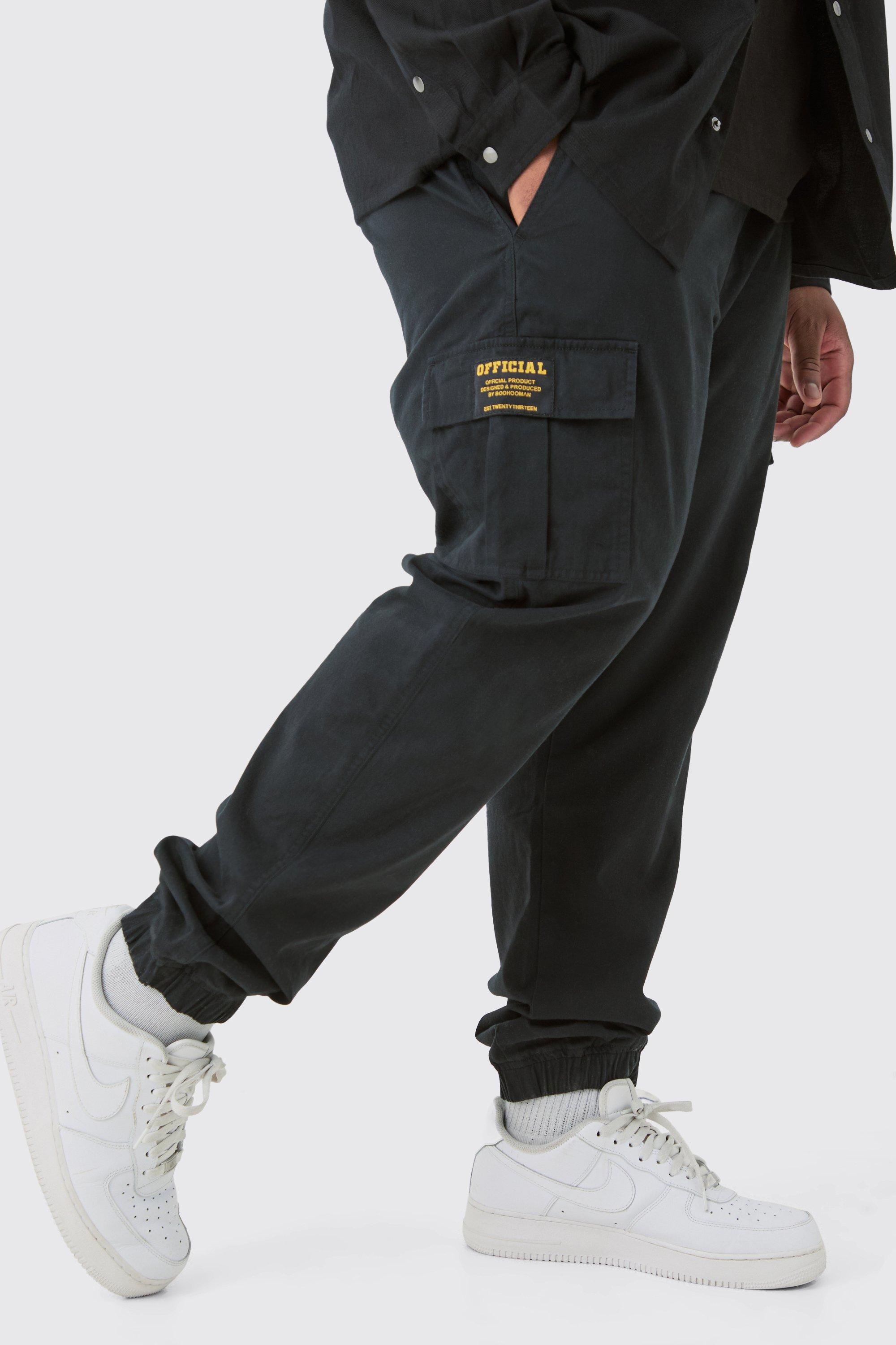 Mens Black Plus Elasticated Waist Twill Slim Fit Cargo Tab Trouser, Black