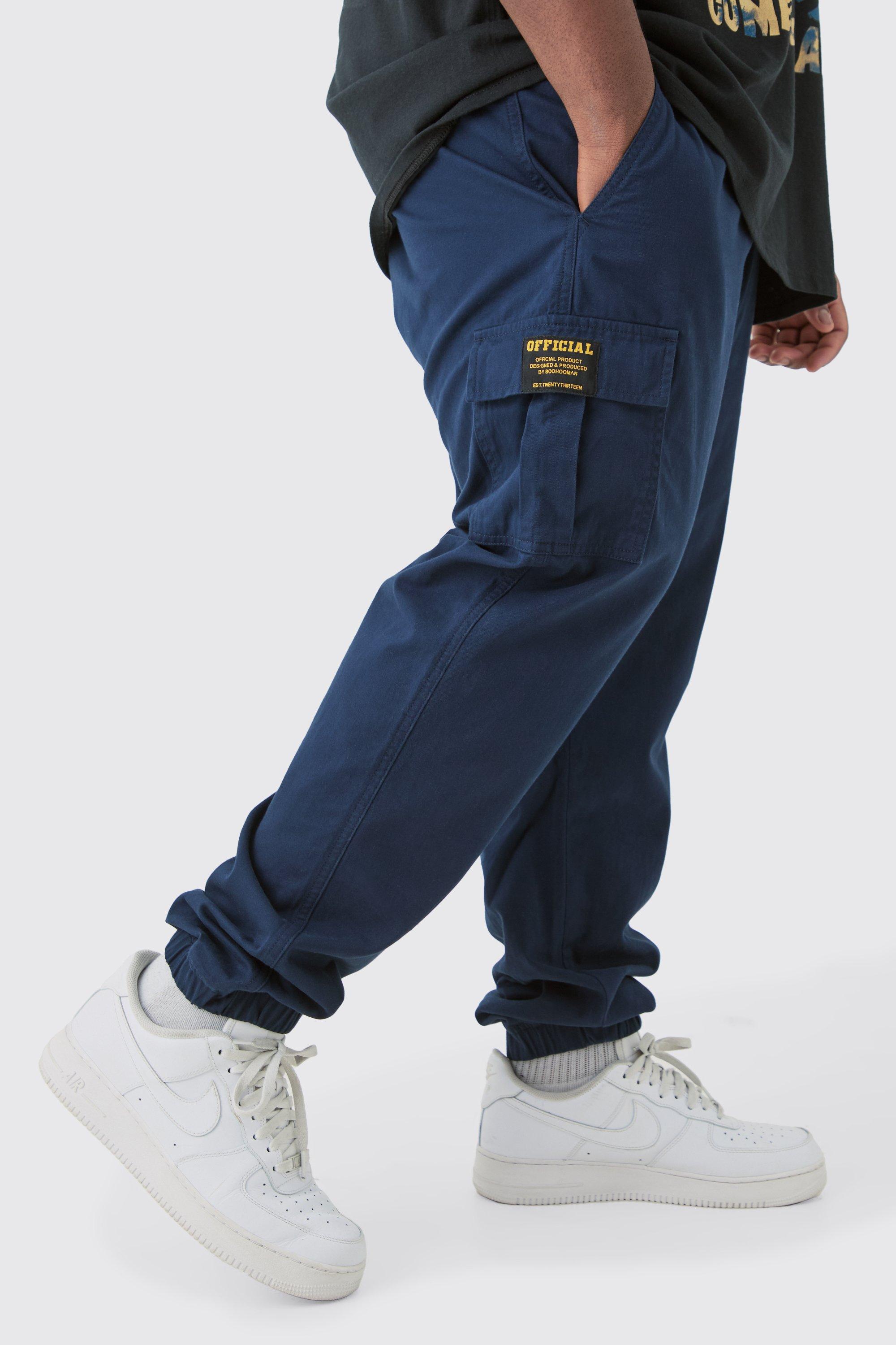 Mens Navy Plus Elasticated Waist Slim Fit Cuffed Cargo Trousers, Navy