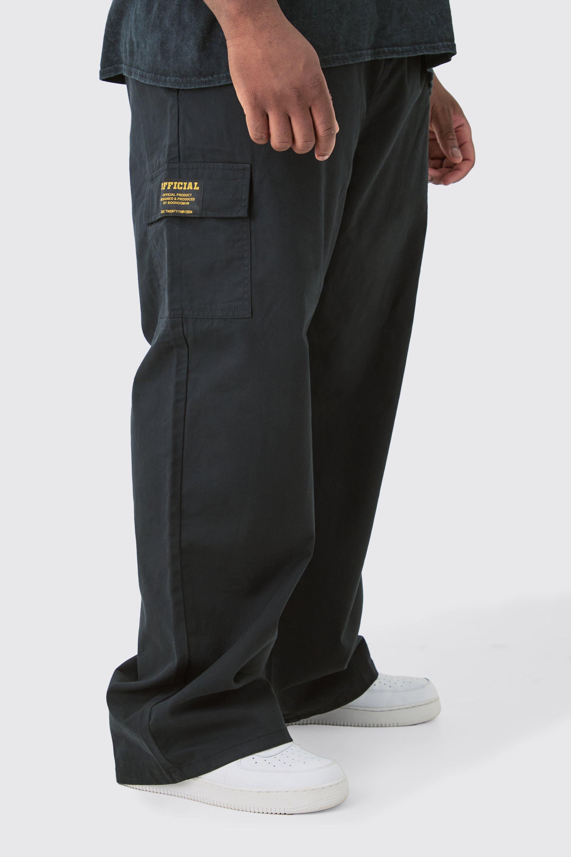 Image of Plus Elastic Waist Twill Relaxed Fit Cargo Tab Trouser, Nero