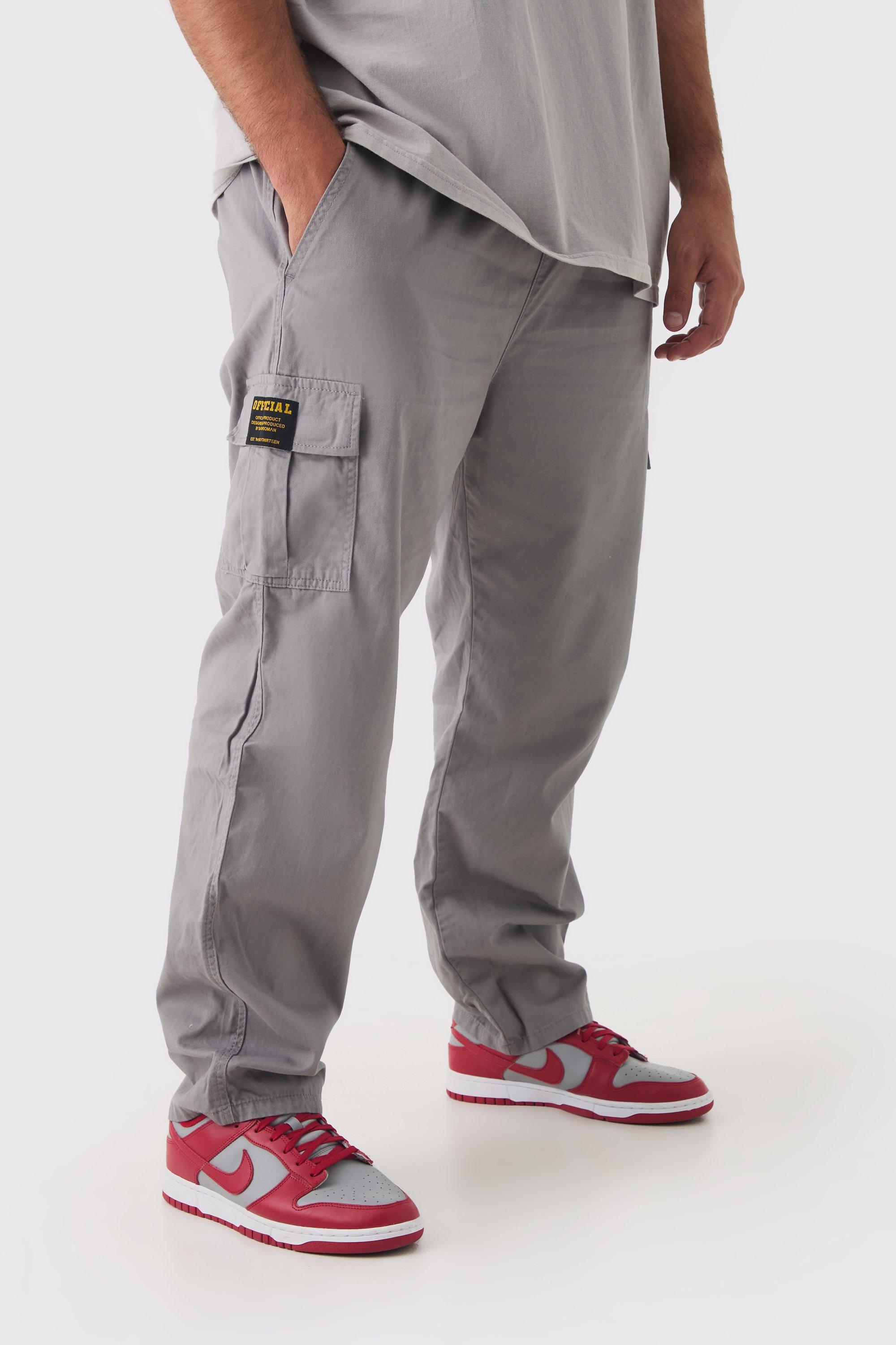 Mens Grey Plus Elastic Waist Straight Fit Cargo Trousers, Grey