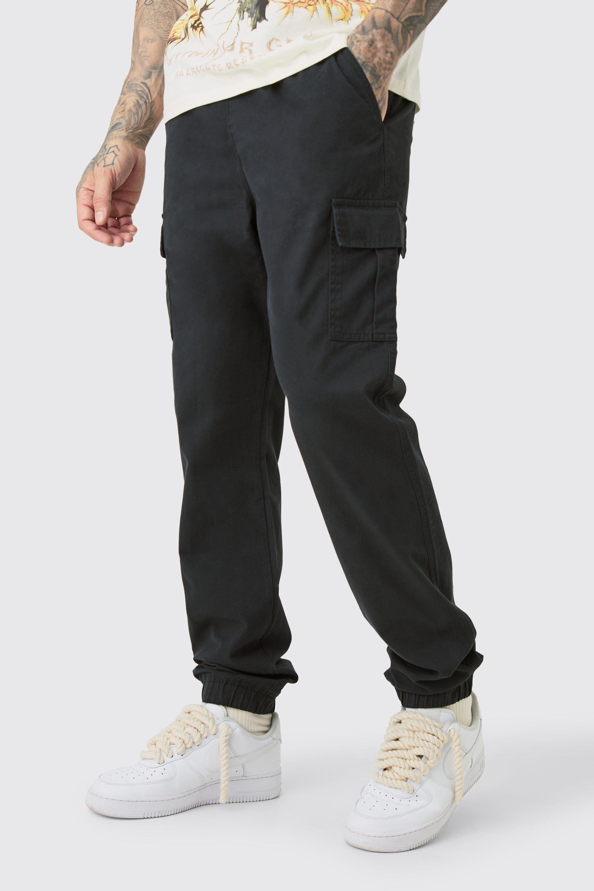 Mens Black Tall Elasticated Waist Twill Slim Fit Cargo Trouser, Black