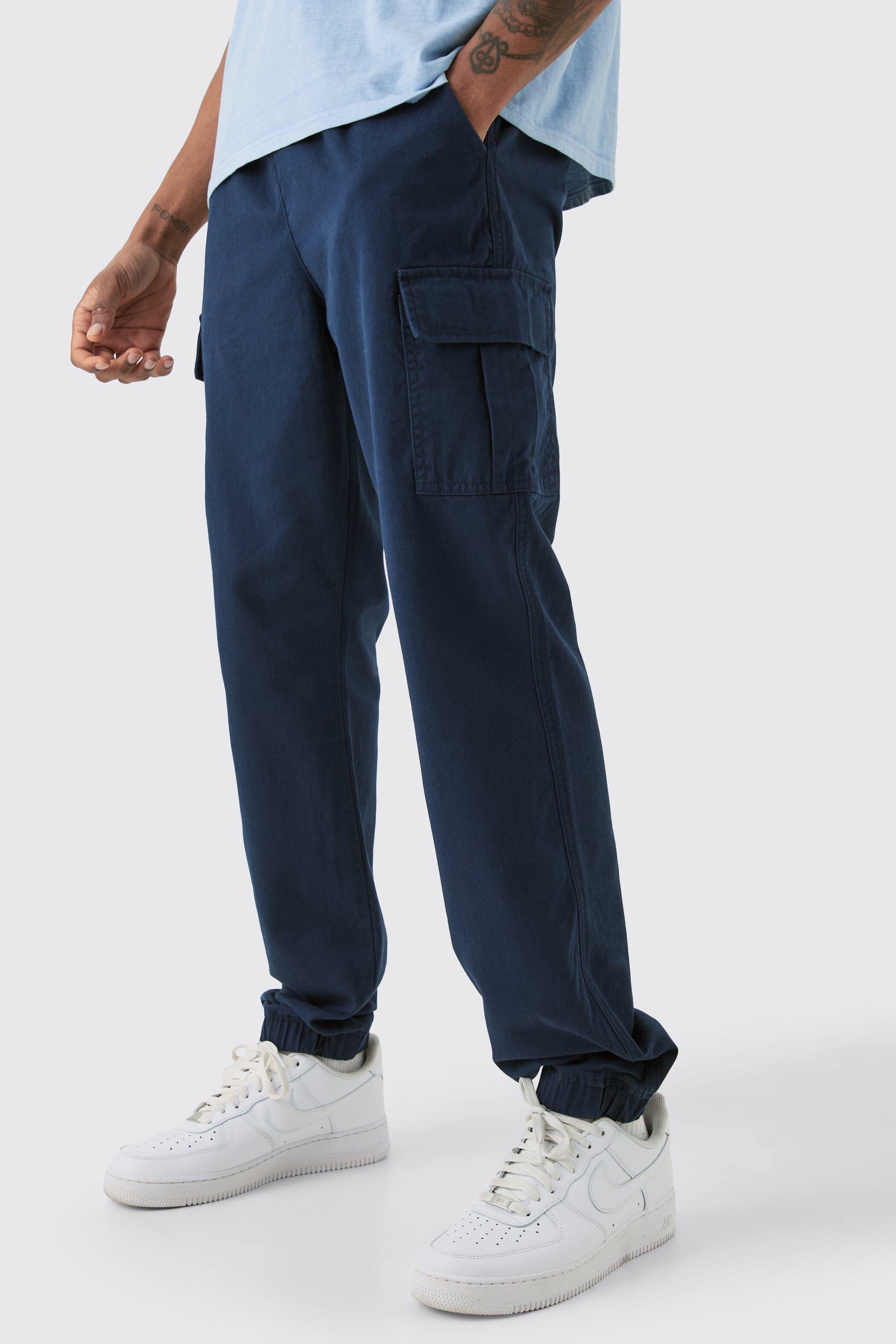 Mens Navy Tall Elasticated Waist Twill Slim Fit Cargo Trouser, Navy