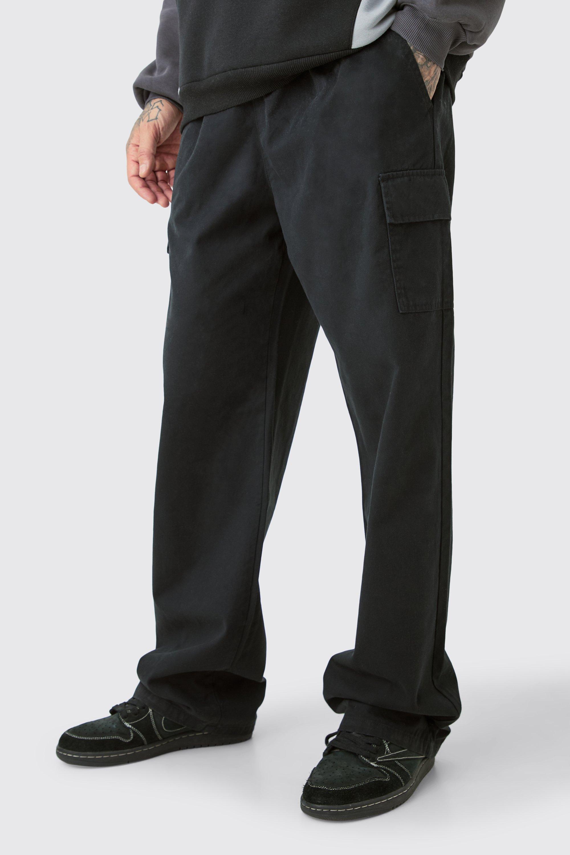 Mens Black Tall Elasticated Waist Twill Relaxed Fit Cargo Trouser, Black