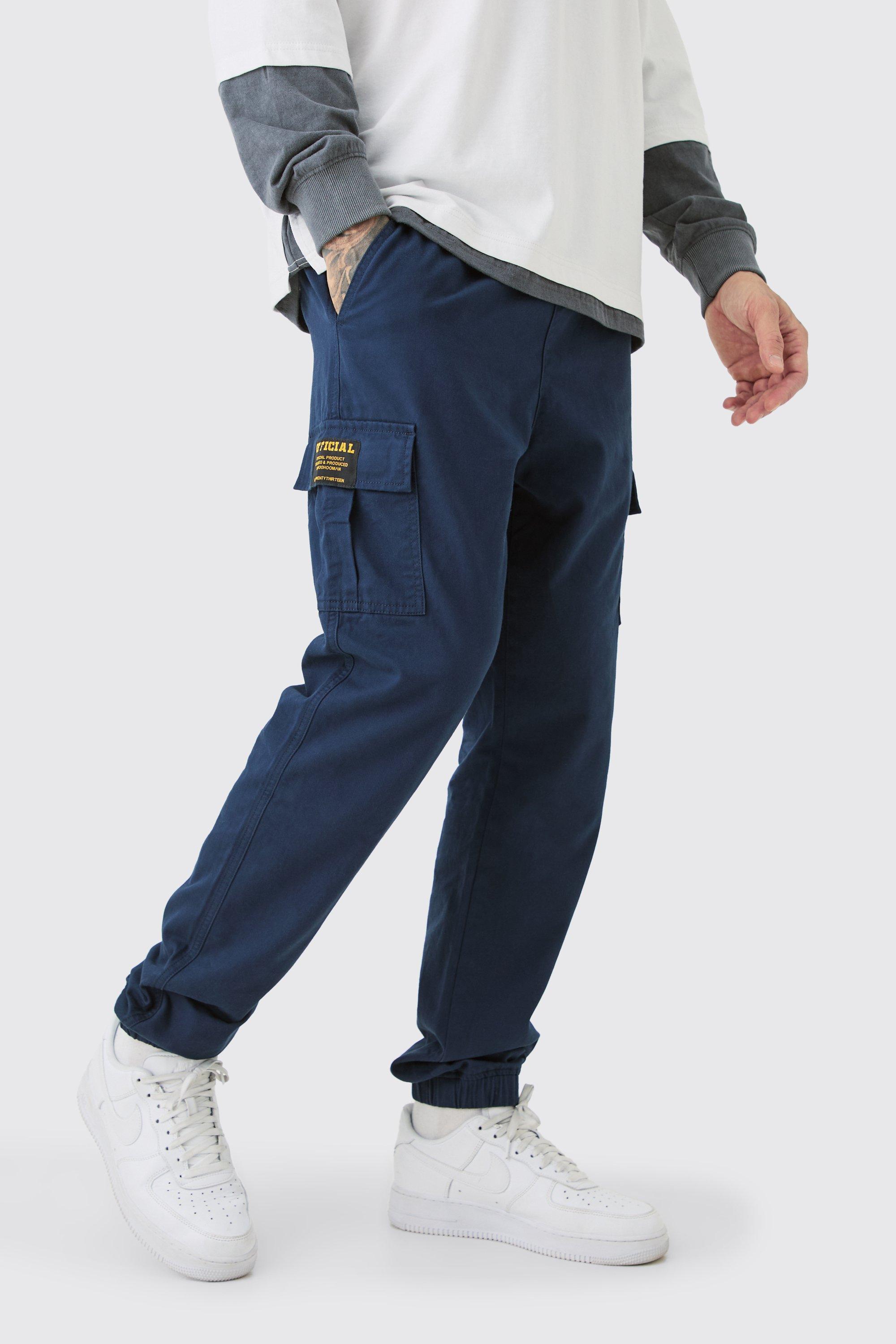 Boohoo Tall Elastic Waist Twill Slim Fit Cargo Tab Trouser, Navy