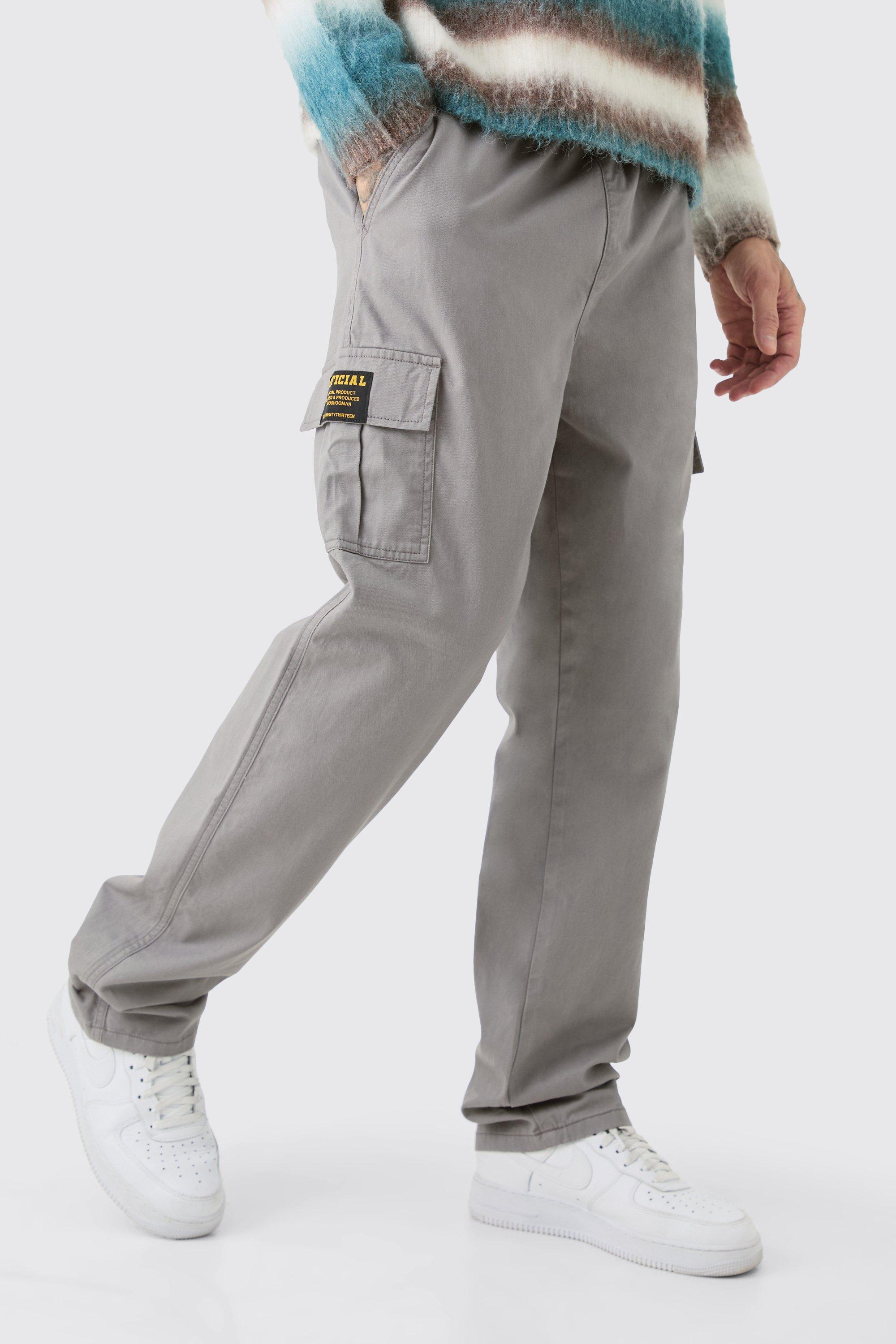 Mens Grey Tall Fixed Waist Twill Straight Leg Cargo Tab Trouser, Grey