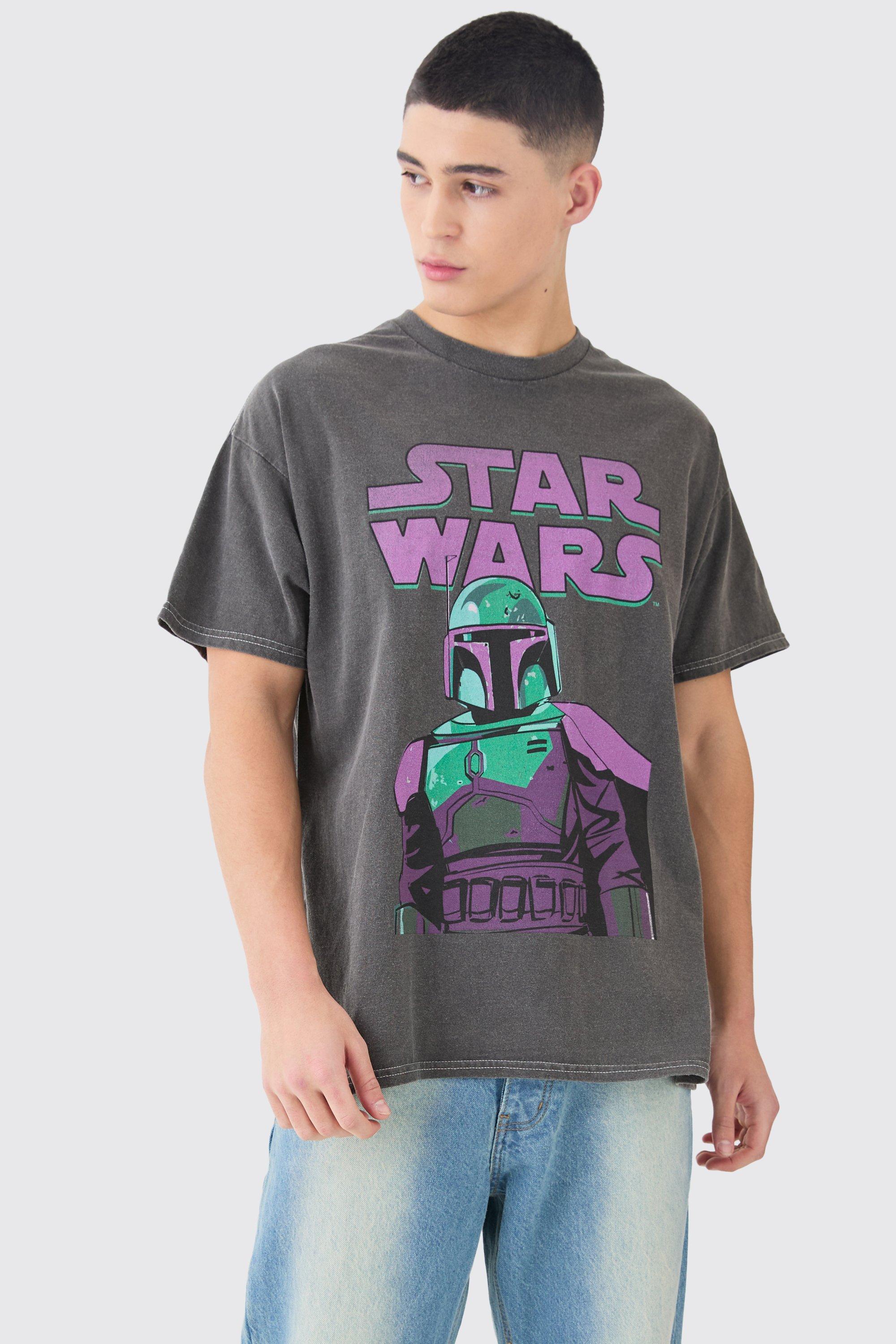 Mens Grey Oversized Star Wars Boba Fett Wash License T-shirt, Grey