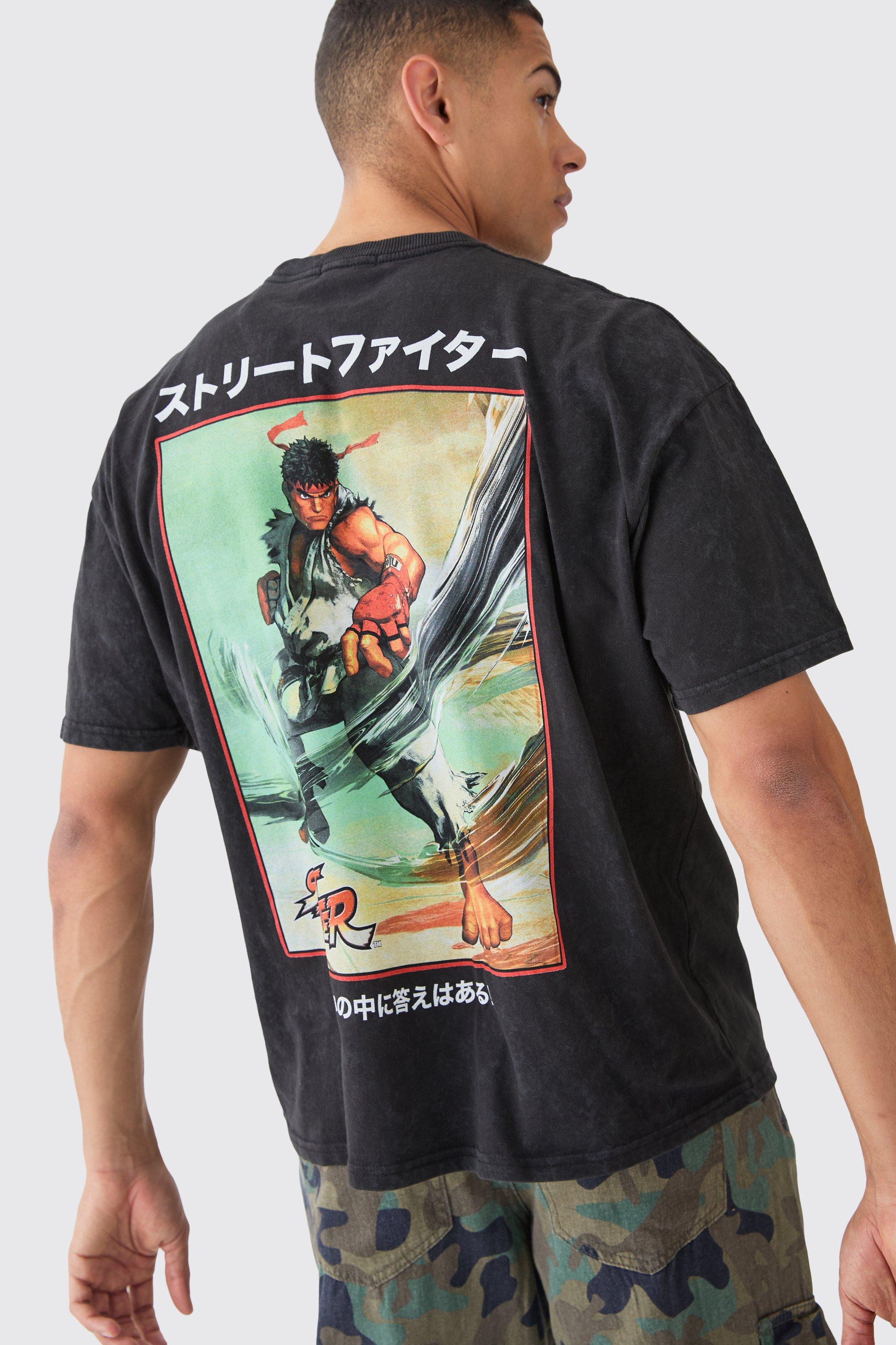 Mens Black Oversized Street Fighter Anime Wash License T-shirt, Black