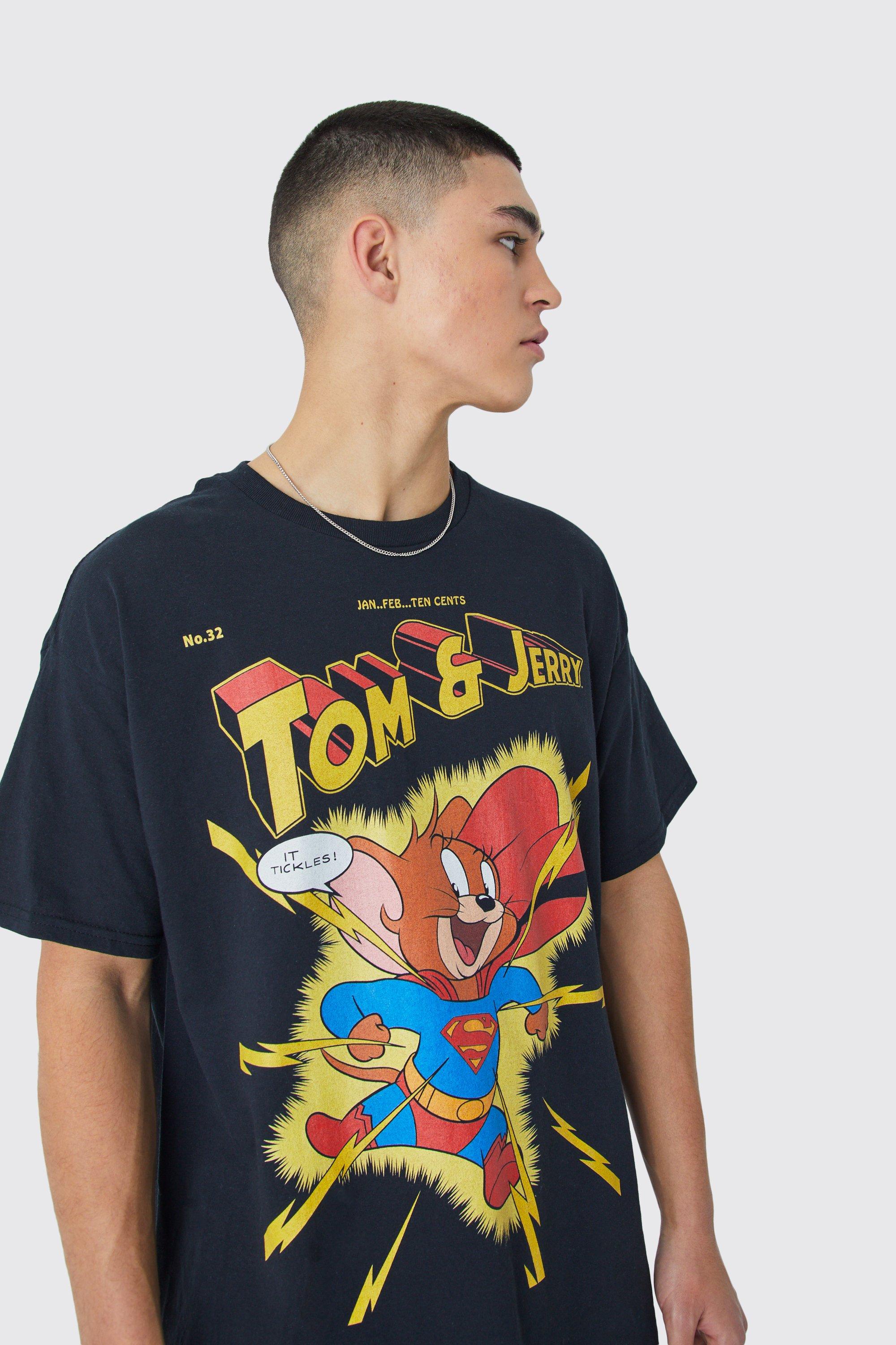 Mens Black Oversized Tom And Jerry Hero License T-shirt, Black