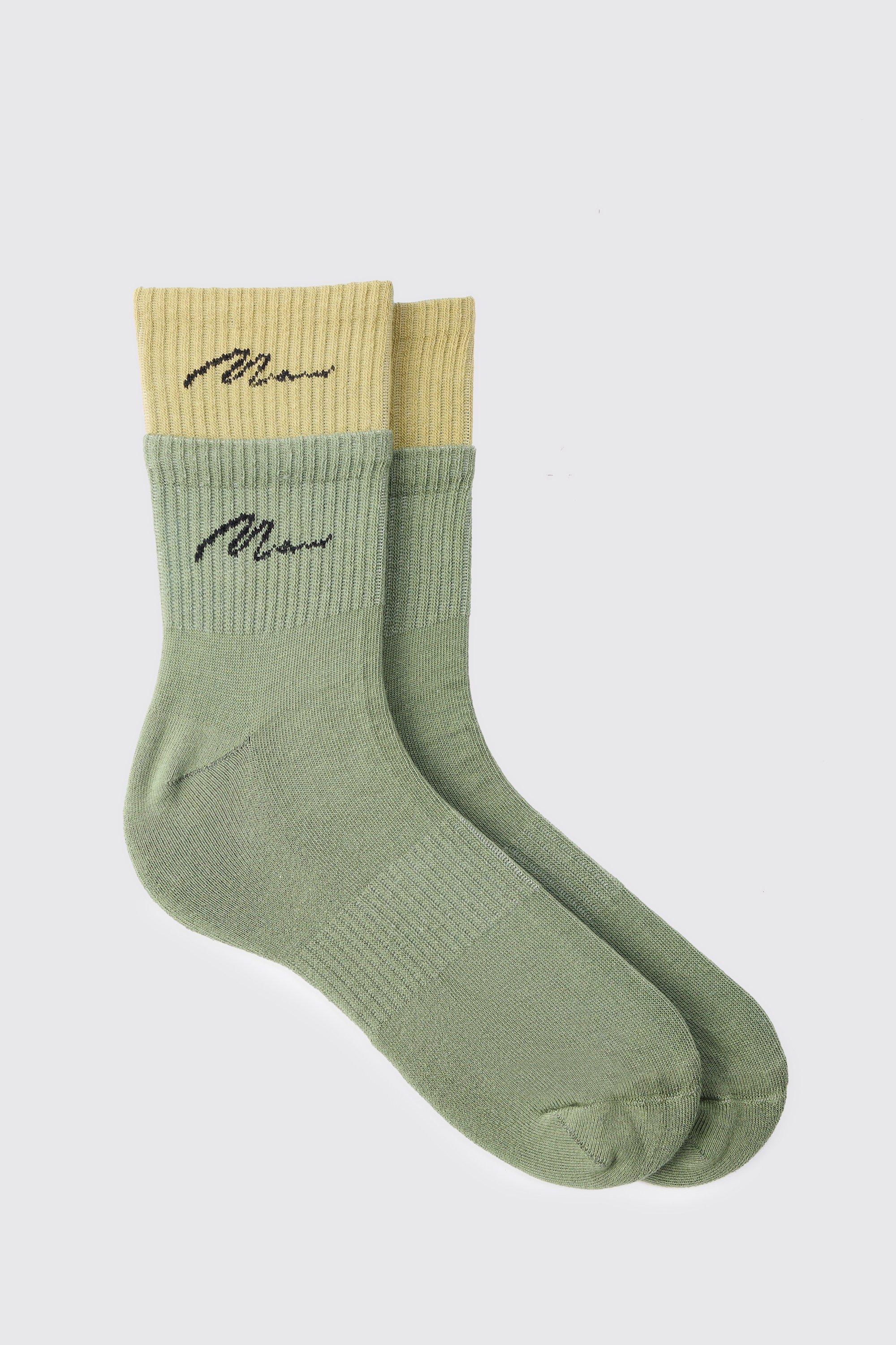 Mens Green Double Layer Man Signature Sports Socks, Green