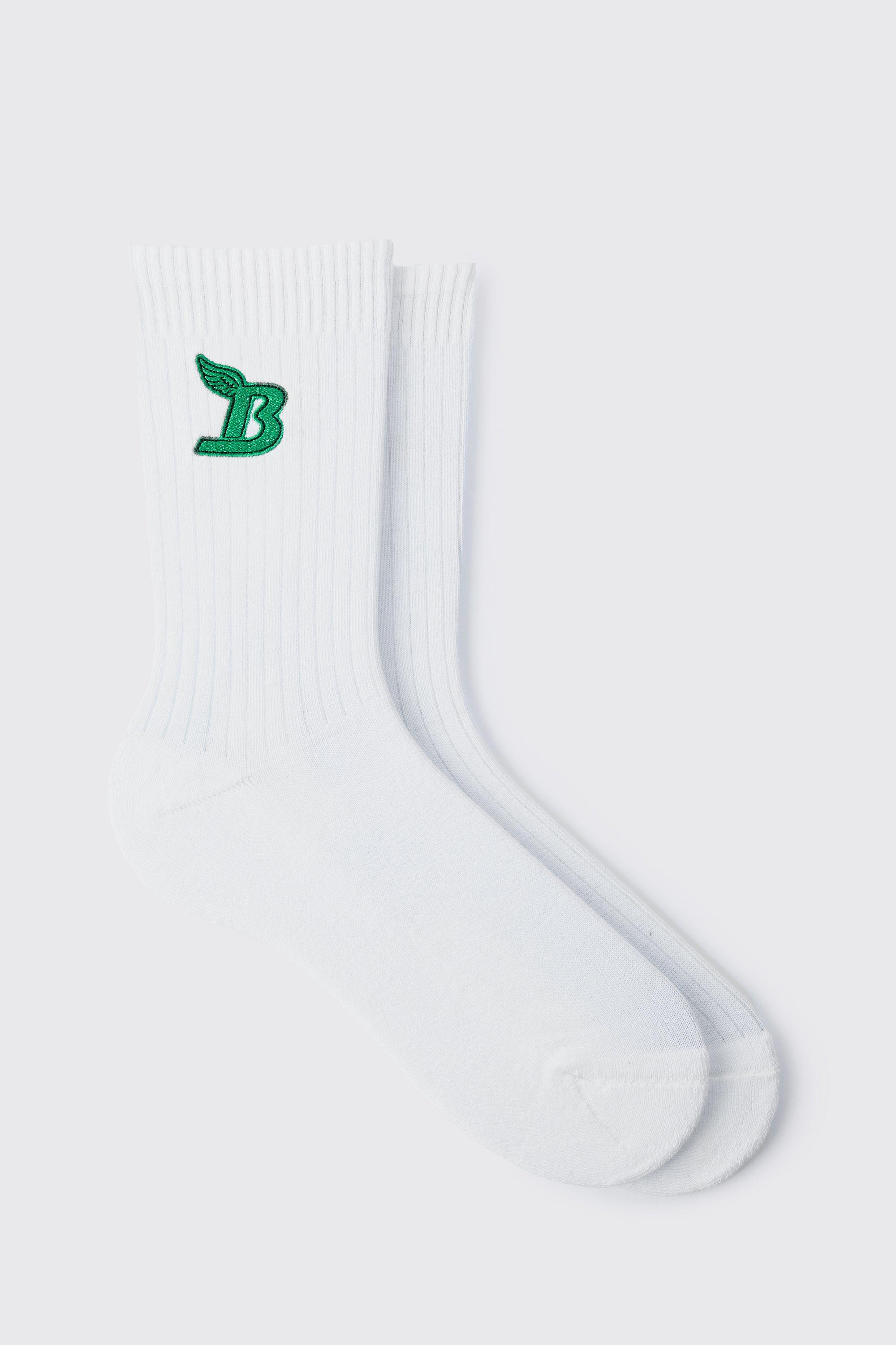 men's b embroidered sports socks - white - one size, white