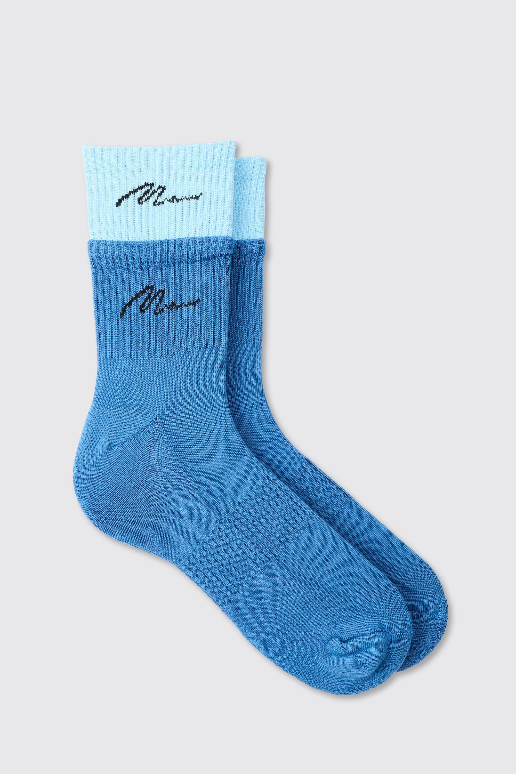 Mens Blue Double Layer Man Signature Sports Socks, Blue