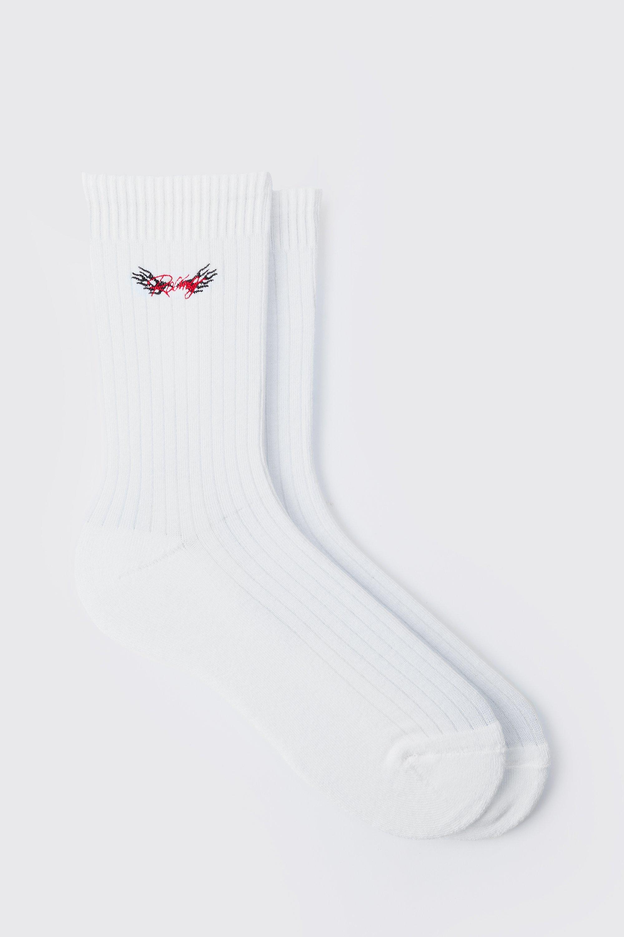 Mens White Racing Embroidered Sports Socks, White