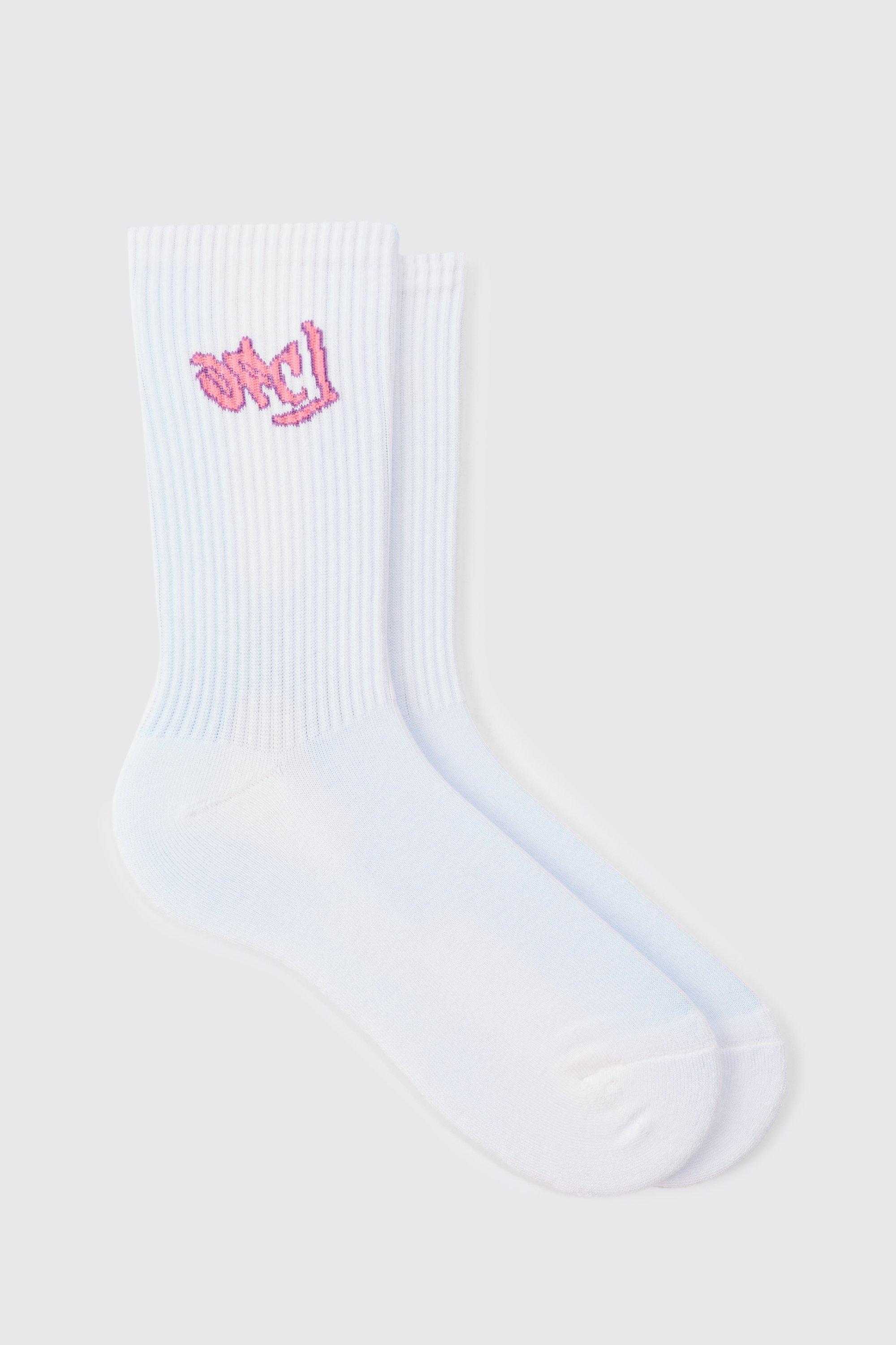 Image of Ofcl Graffiti Logo Socks, Bianco