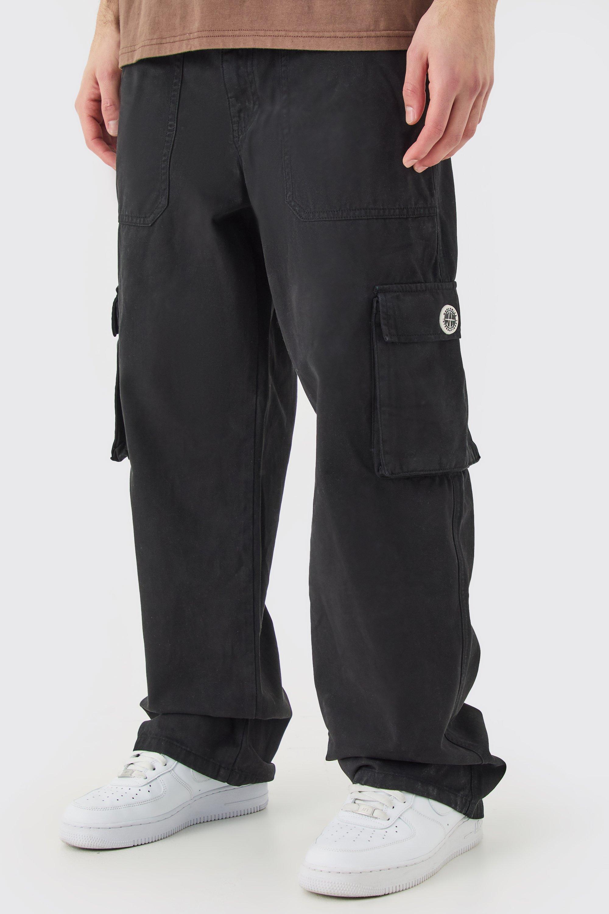 Mens Black Fixed Waist Cargo Zip Trouser With Rubberised Tab, Black