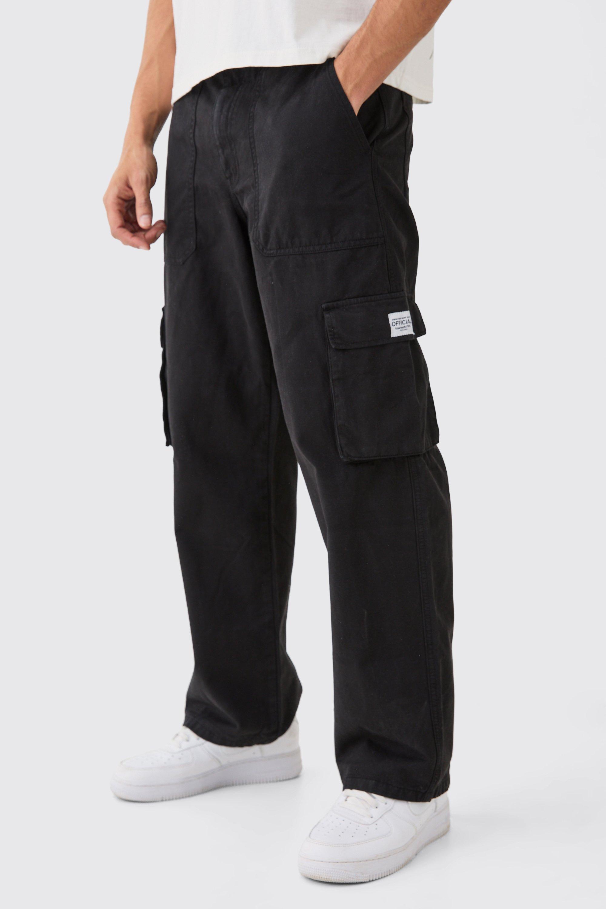 Mens Black Relaxed Fit Fixed Waist Woven Tab Cargo Trousers, Black