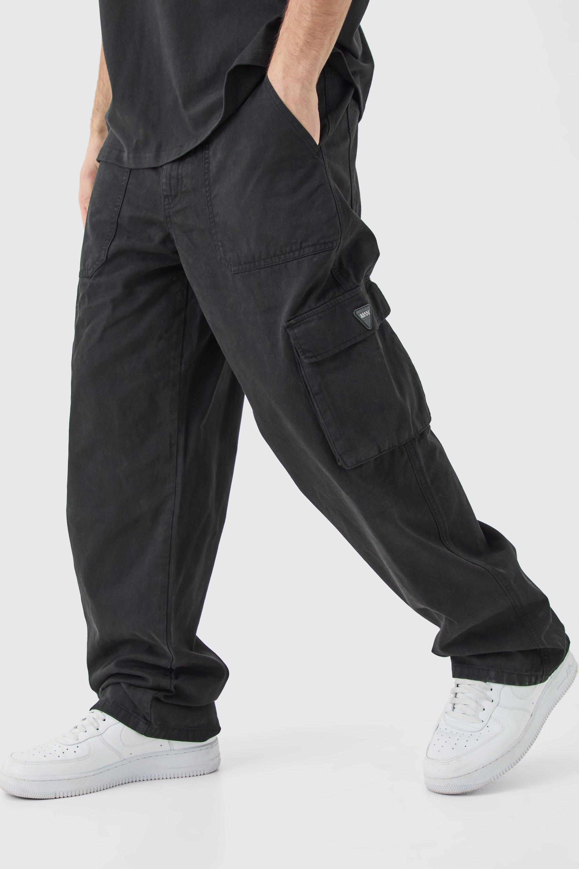 mens black fixed waist cargo zip trouser with rubberised tab, black