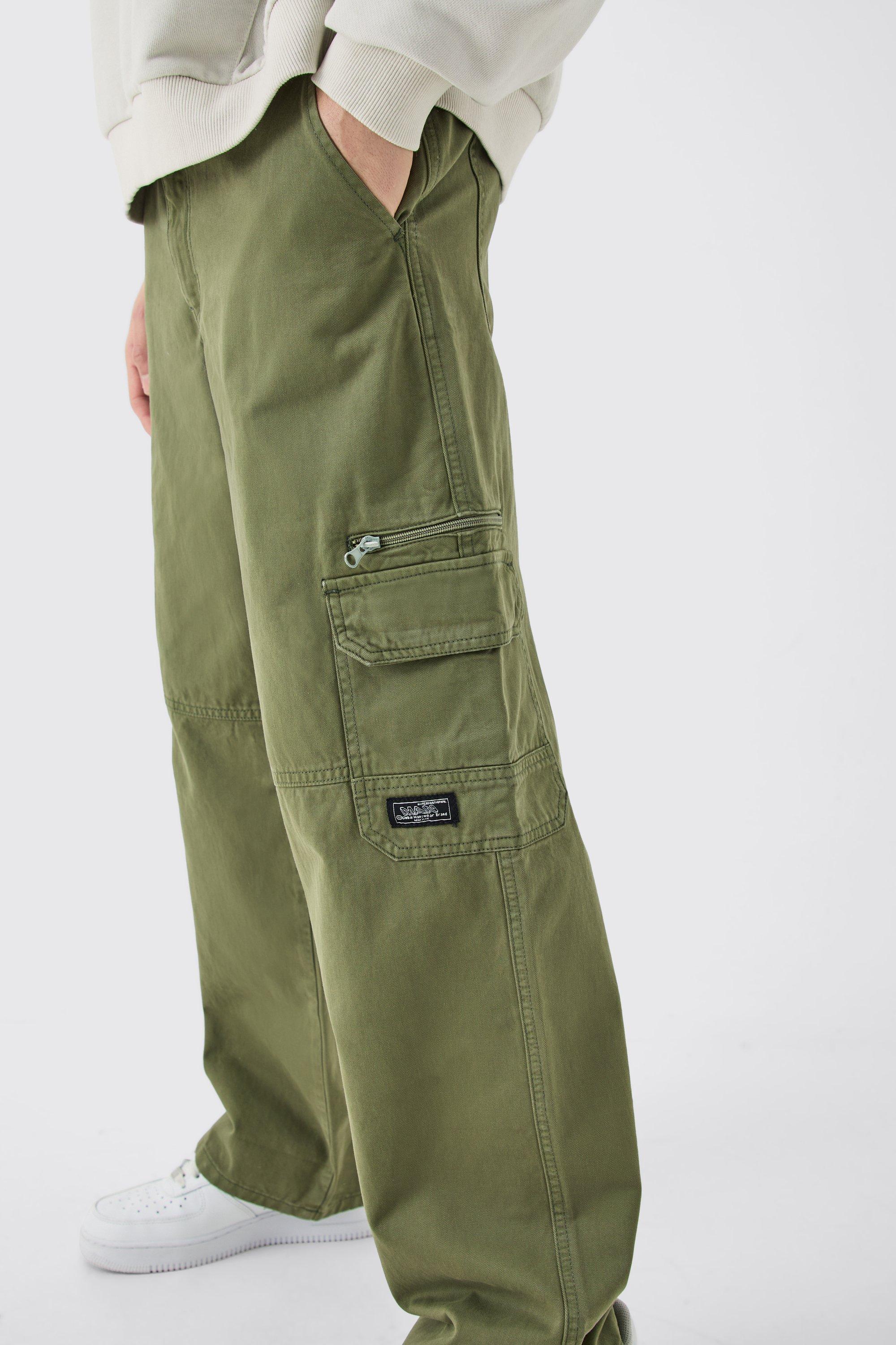 Mens Green Fixed Waist Relaxed Cargo Trousers With Woven Tab, Green