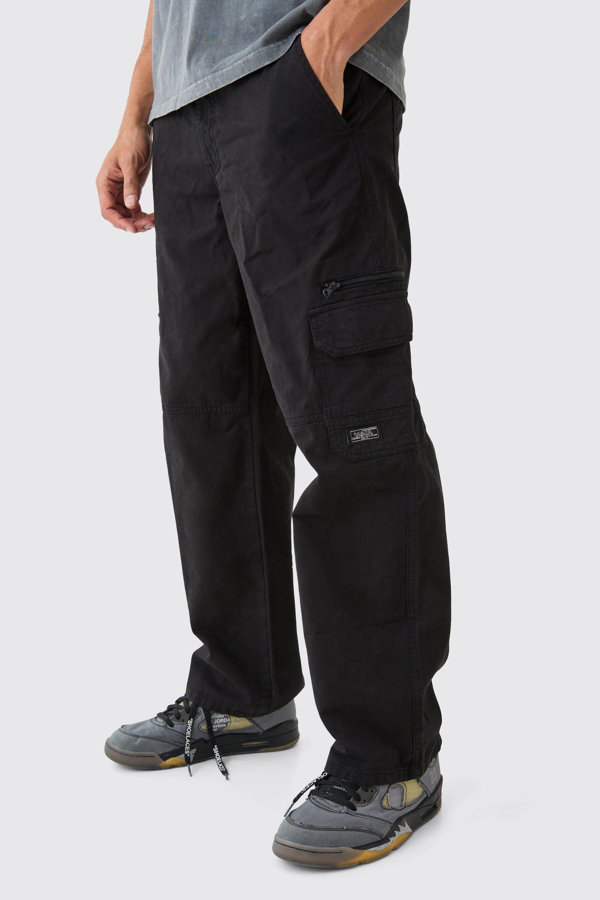 Mens Black Fixed Waist Cargo Zip Trouser With Woven Tab, Black