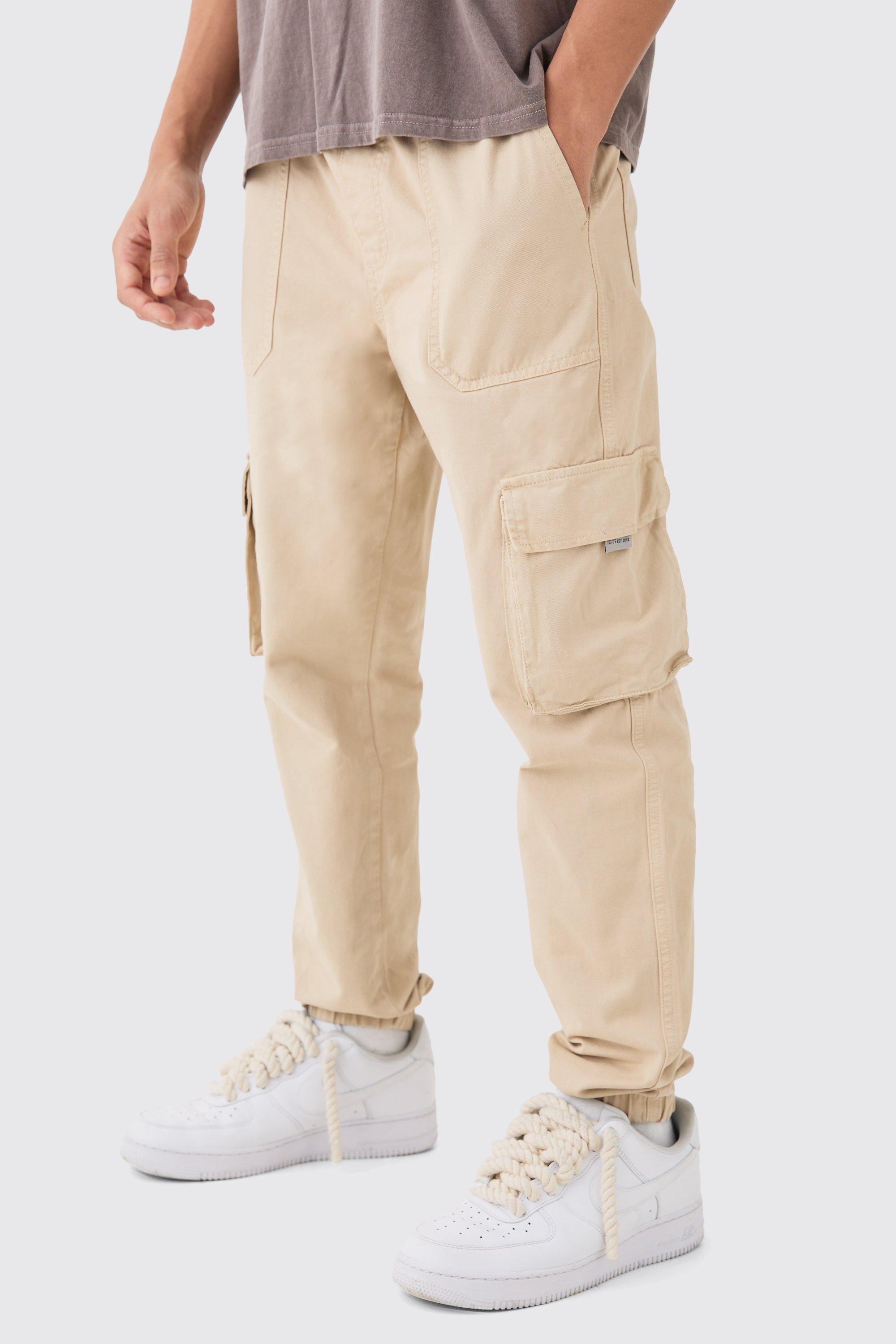 Mens Beige Elasticated Waist Slim Fit Branded Cargo Jogger, Beige