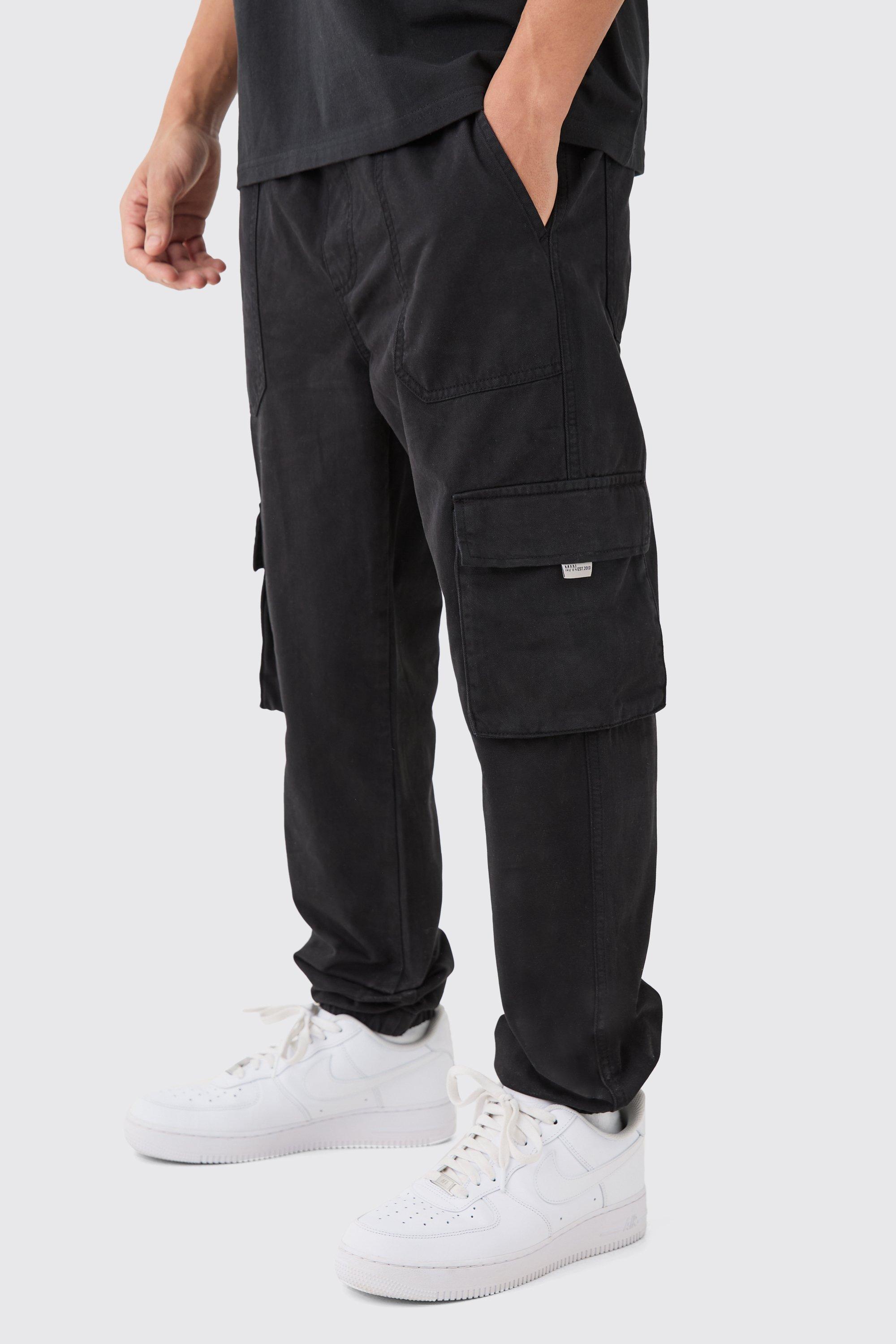 Mens Black Elasticated Waist Slim Fit Branded Cargo Jogger, Black