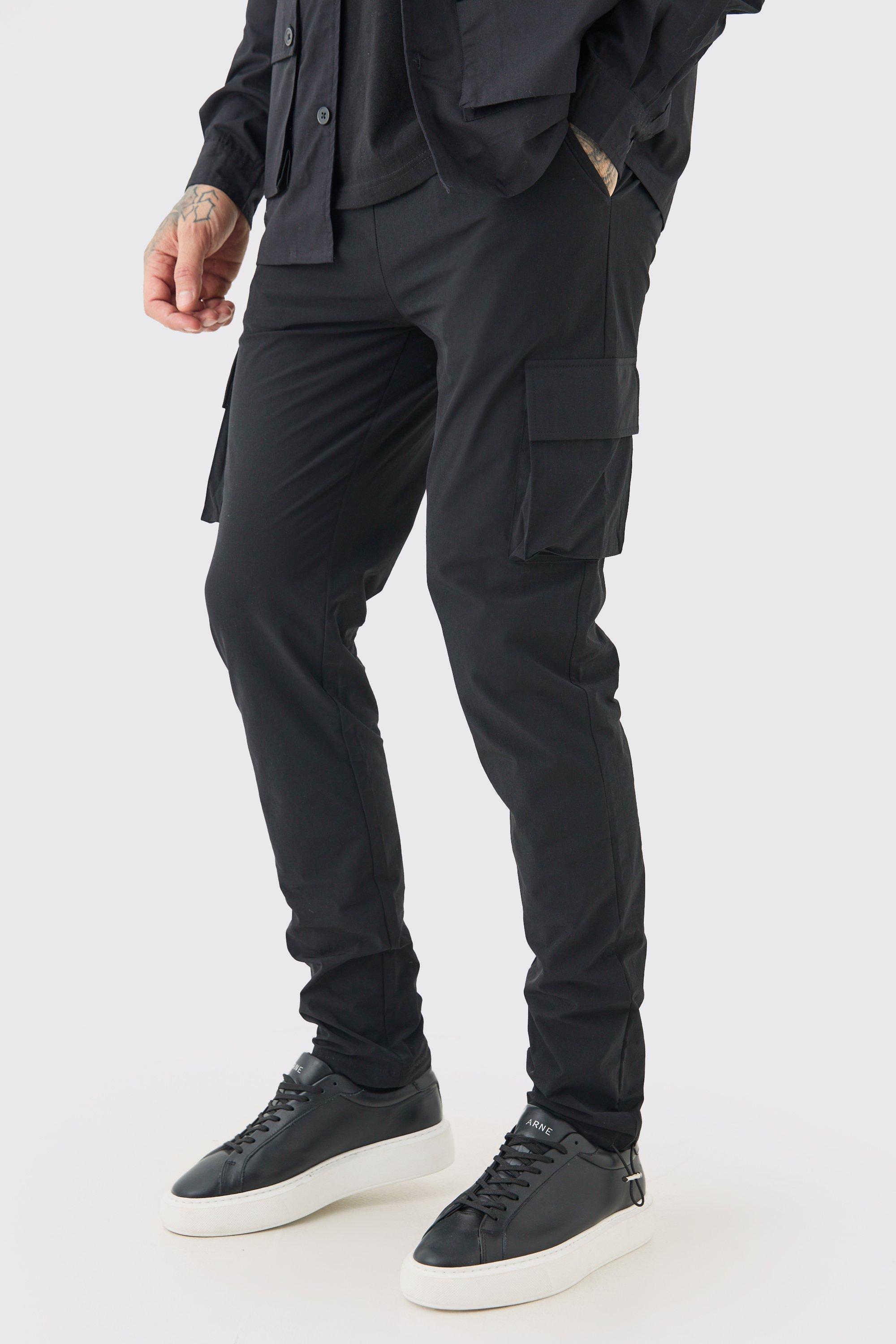 Mens Black Tall Elasticated Waist Lightweight Stretch Skinny Cargo Trouser, Black