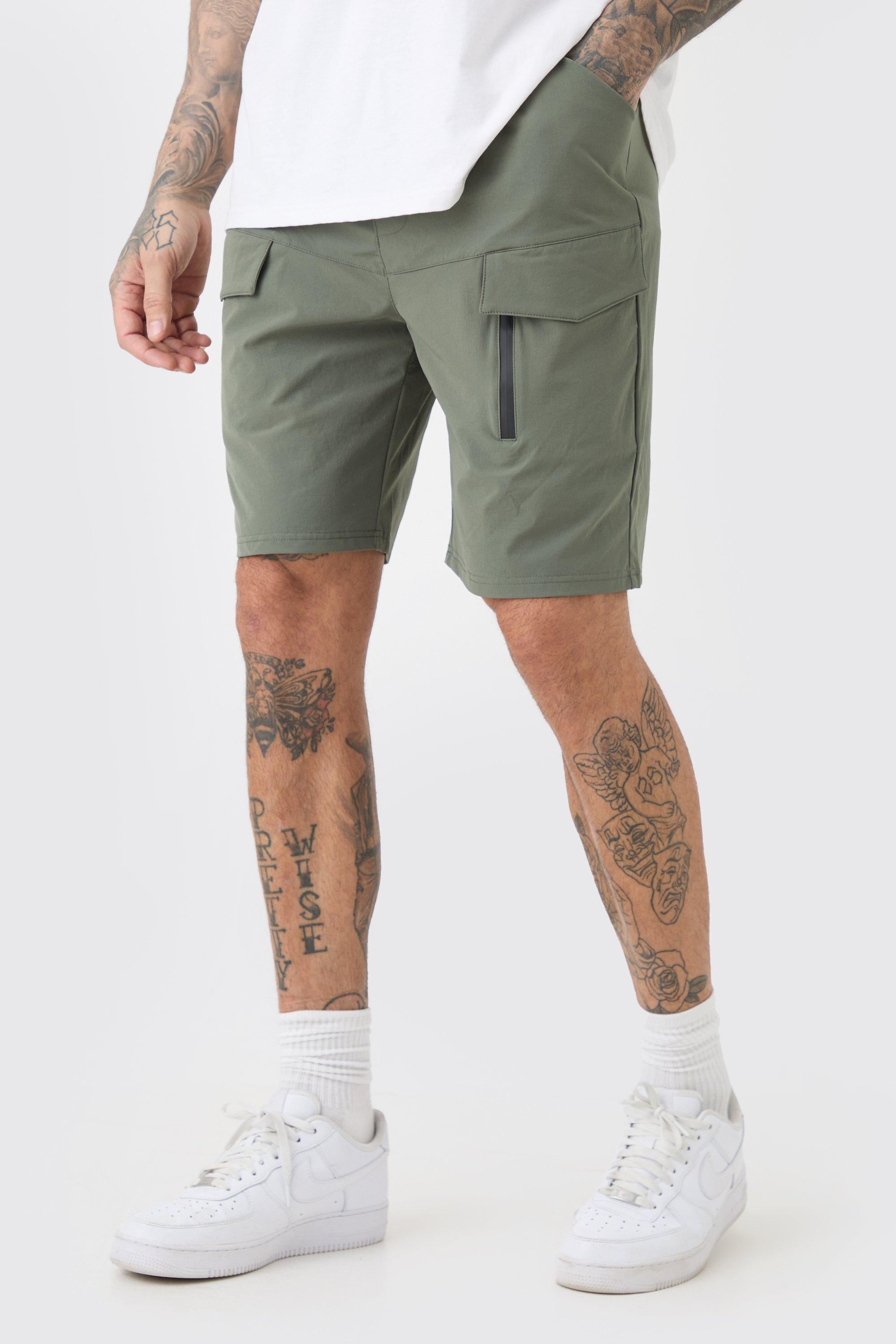 Tall Elastic Relaxed Lightweight Stretch Cargo Zip Short, Verde