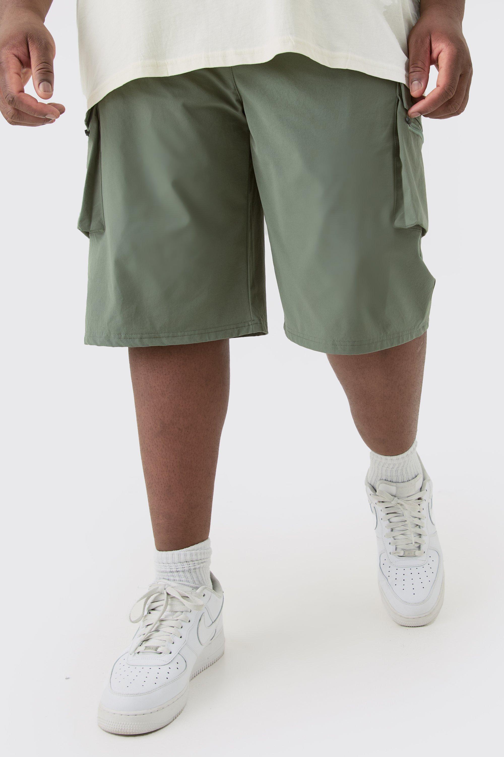 Mens Green Plus Elasticated Waist Relaxed Lightweight Stretch Cargo Short, Green