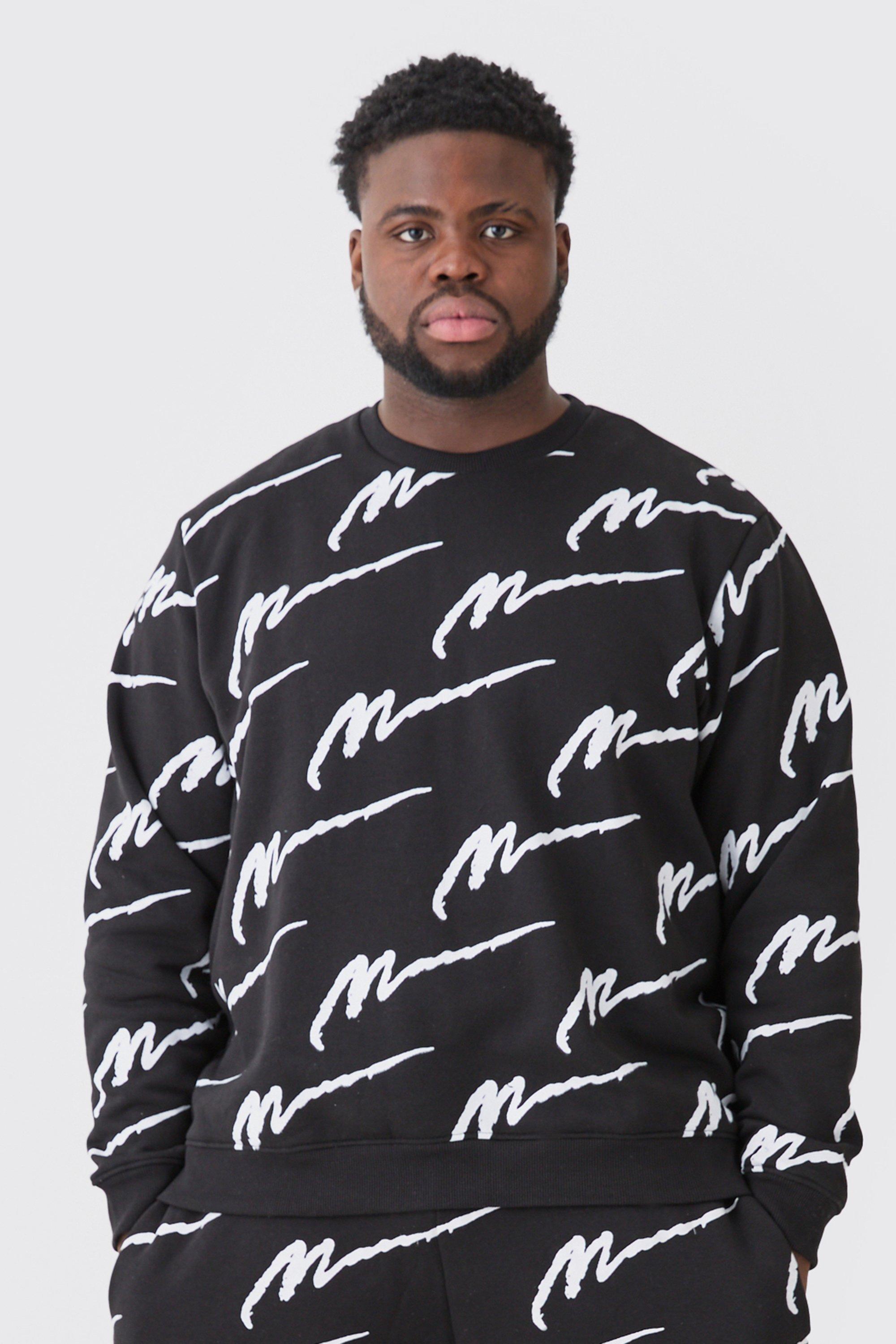 Mens Black Plus Man Signature All Over Print Oversized Sweatshirt, Black