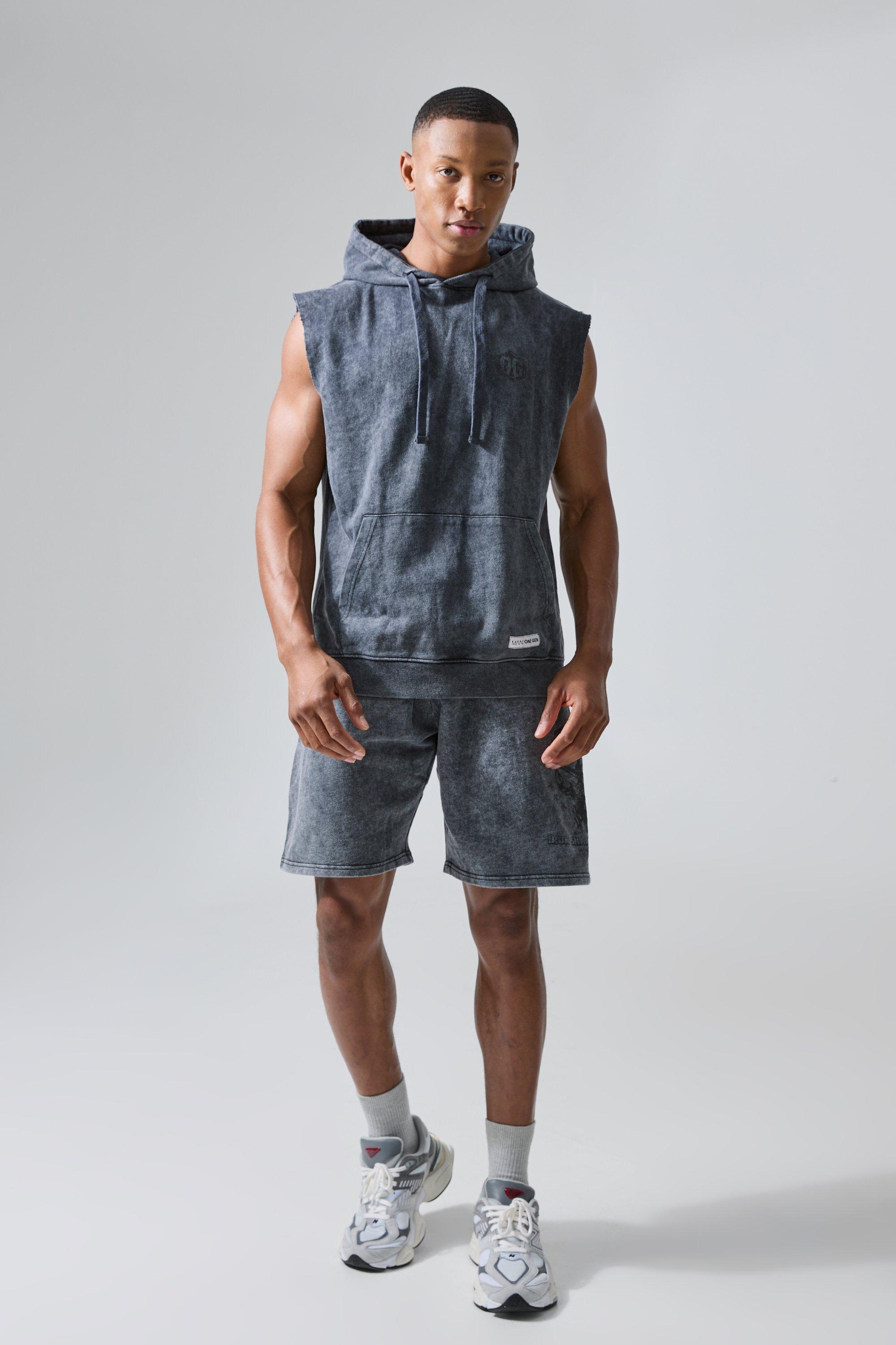 Image of Man Active X Og Gym Washed Sleeveless Hooded Tracksuit, Grigio