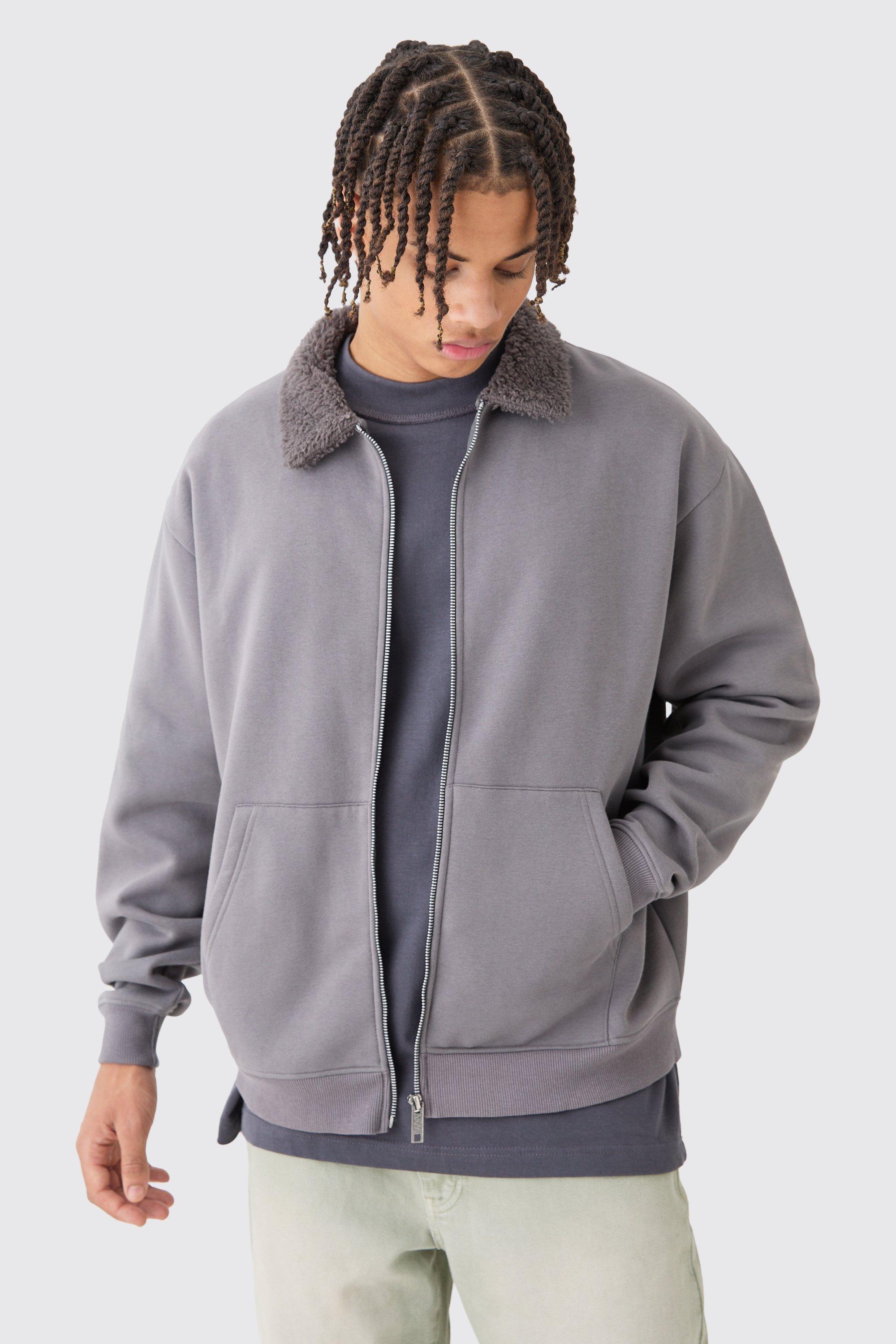 Mens Grey Oversized Jersey Borg Collar Bomber Jacket, Grey