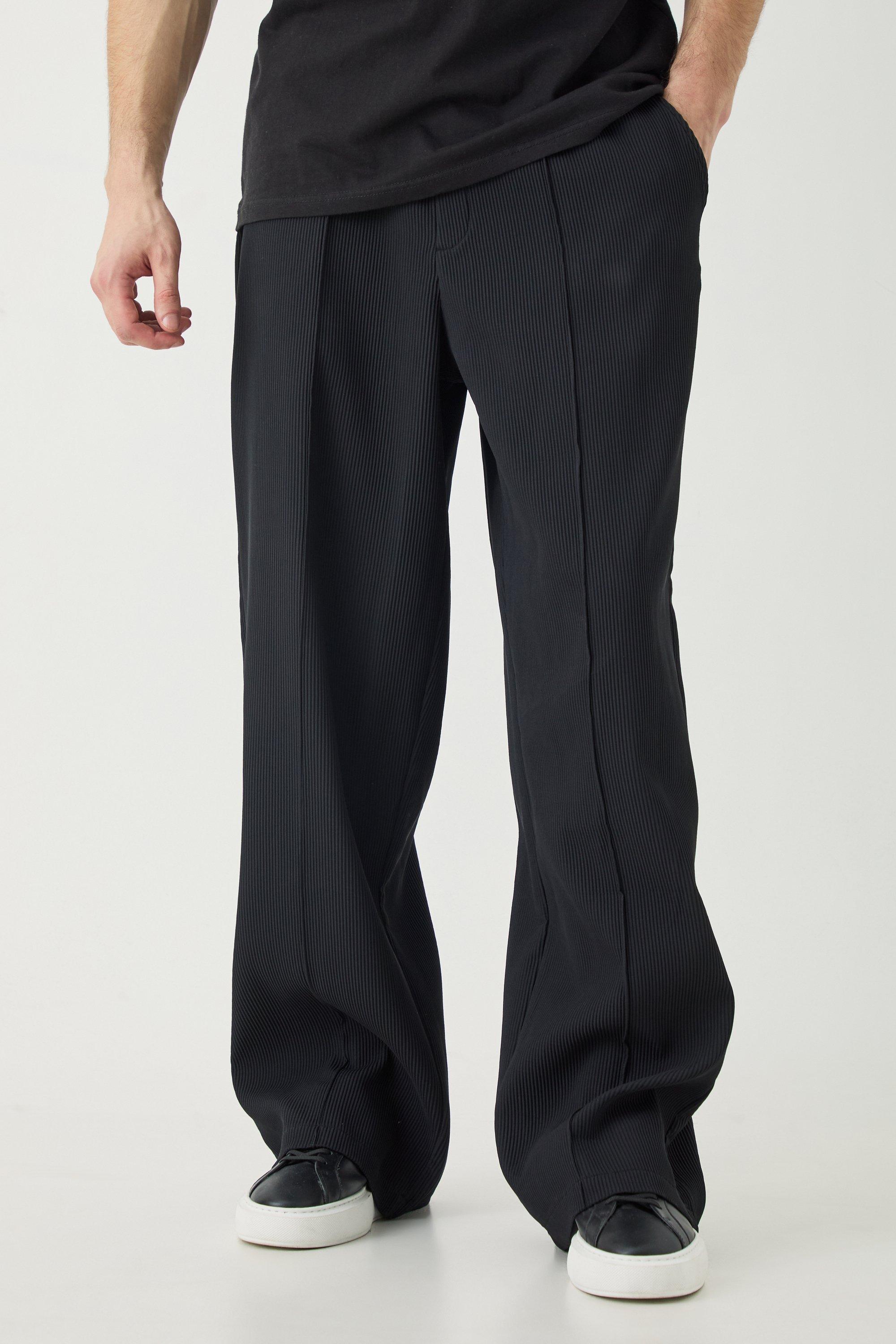 Mens Black Tall Elasticated Waist Wide Leg Pleated Pintuck Seam Trouser, Black