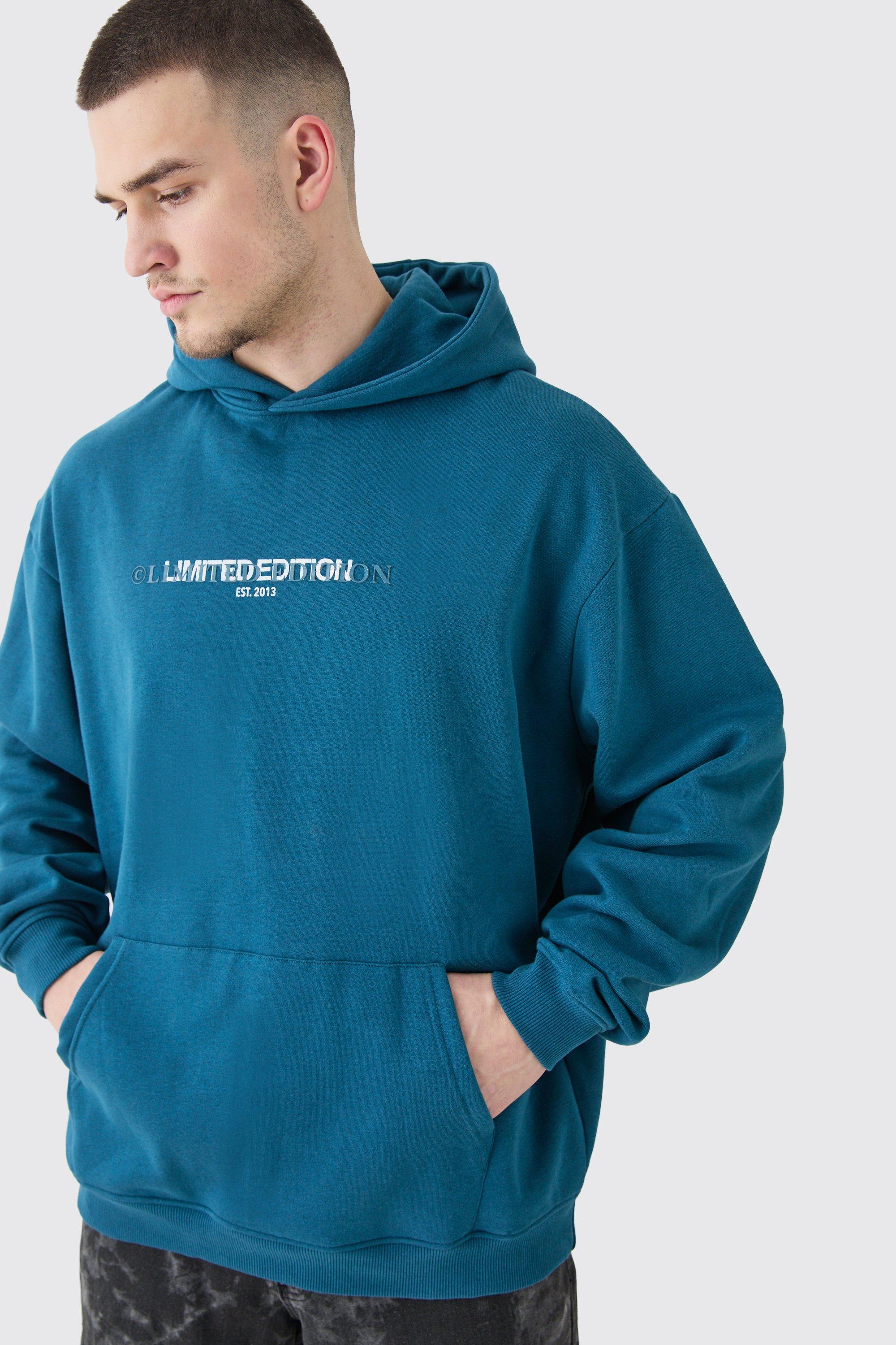 Mens Blue Tall Oversized Basic Limited Head Hoodie, Blue