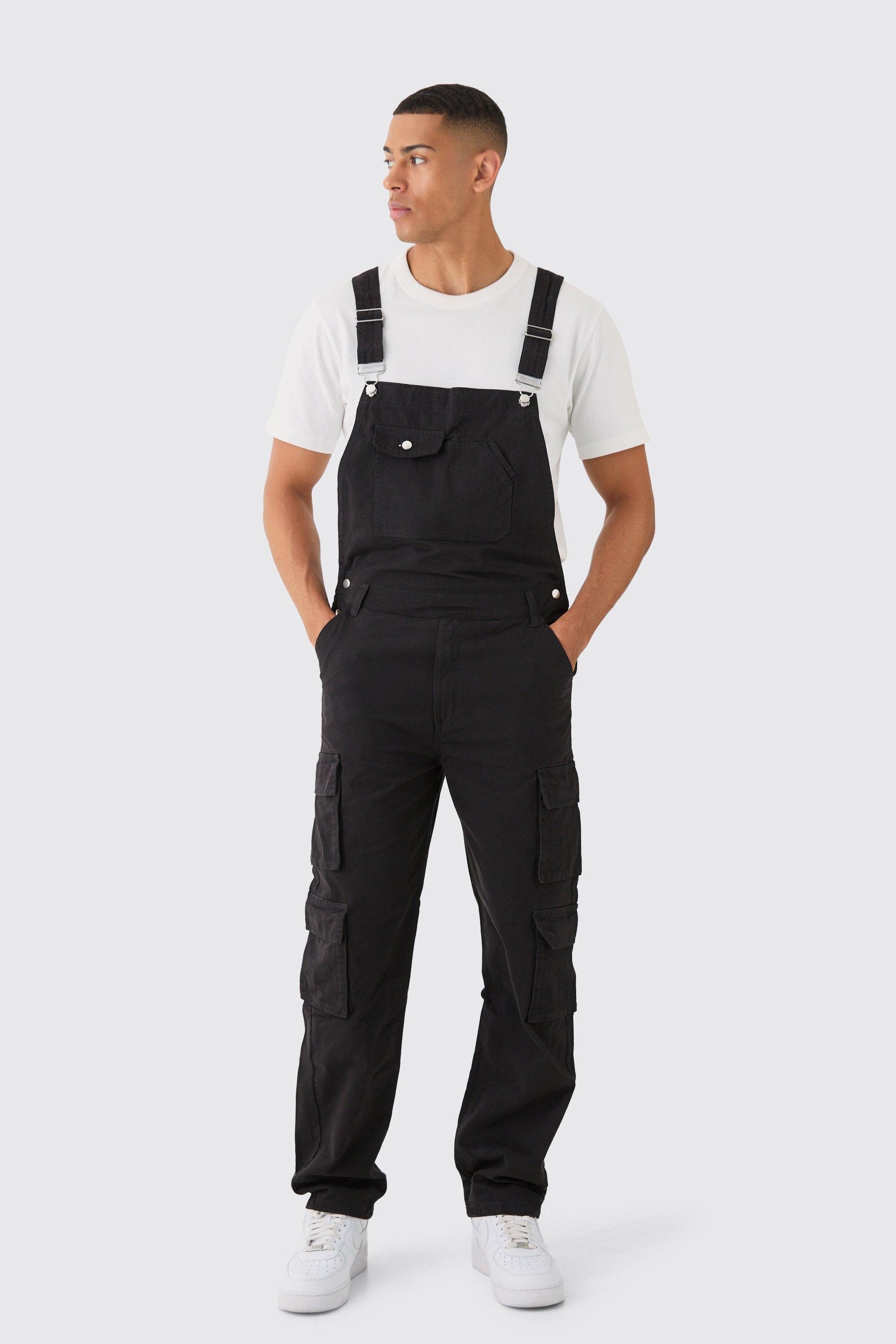 Mens Black Washed Twill Multi Cargo Pocket Relaxed Fit Dungarees, Black