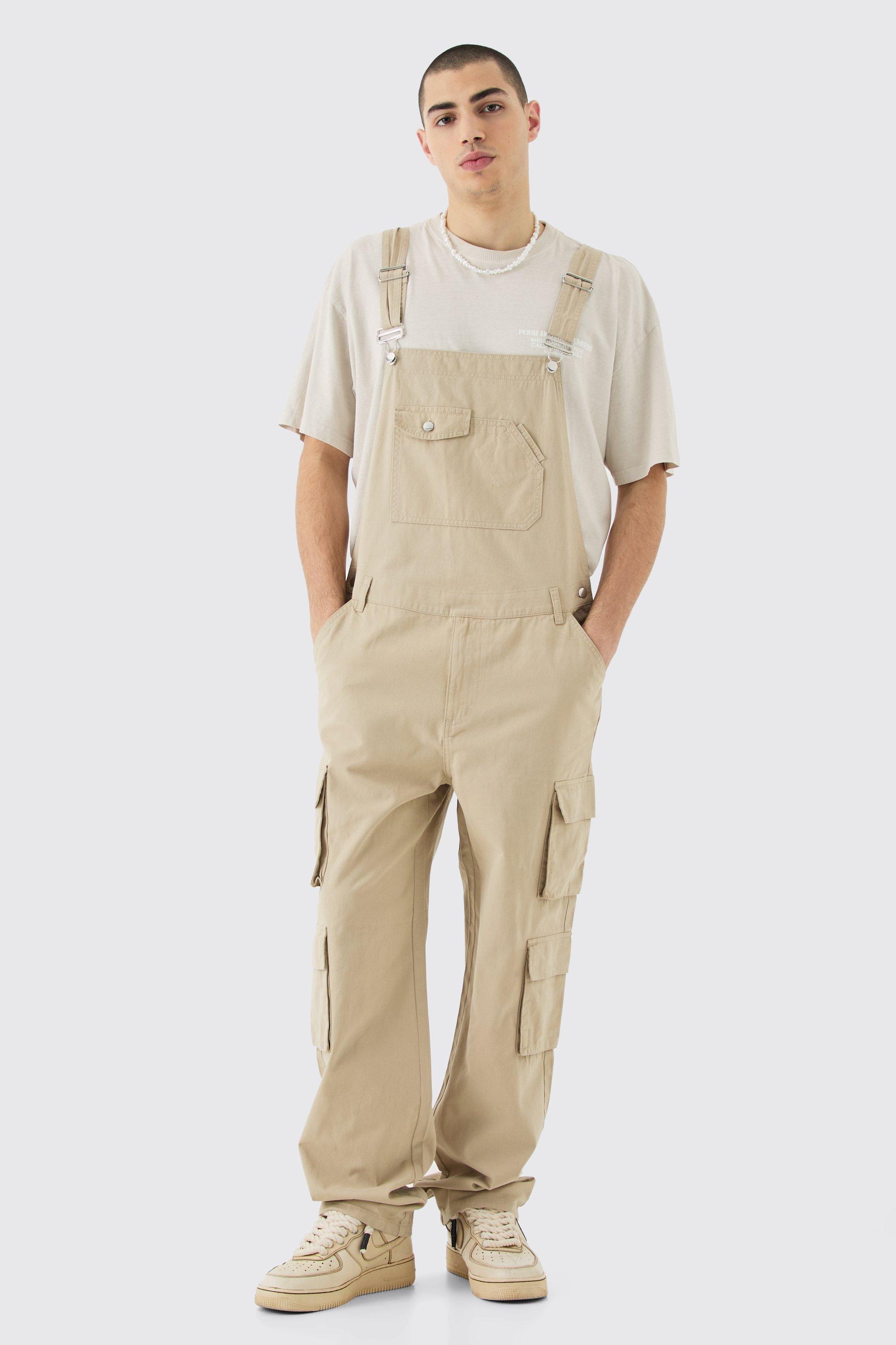 Mens Beige Washed Twill Multi Cargo Pocket Relaxed Fit Dungarees, Beige