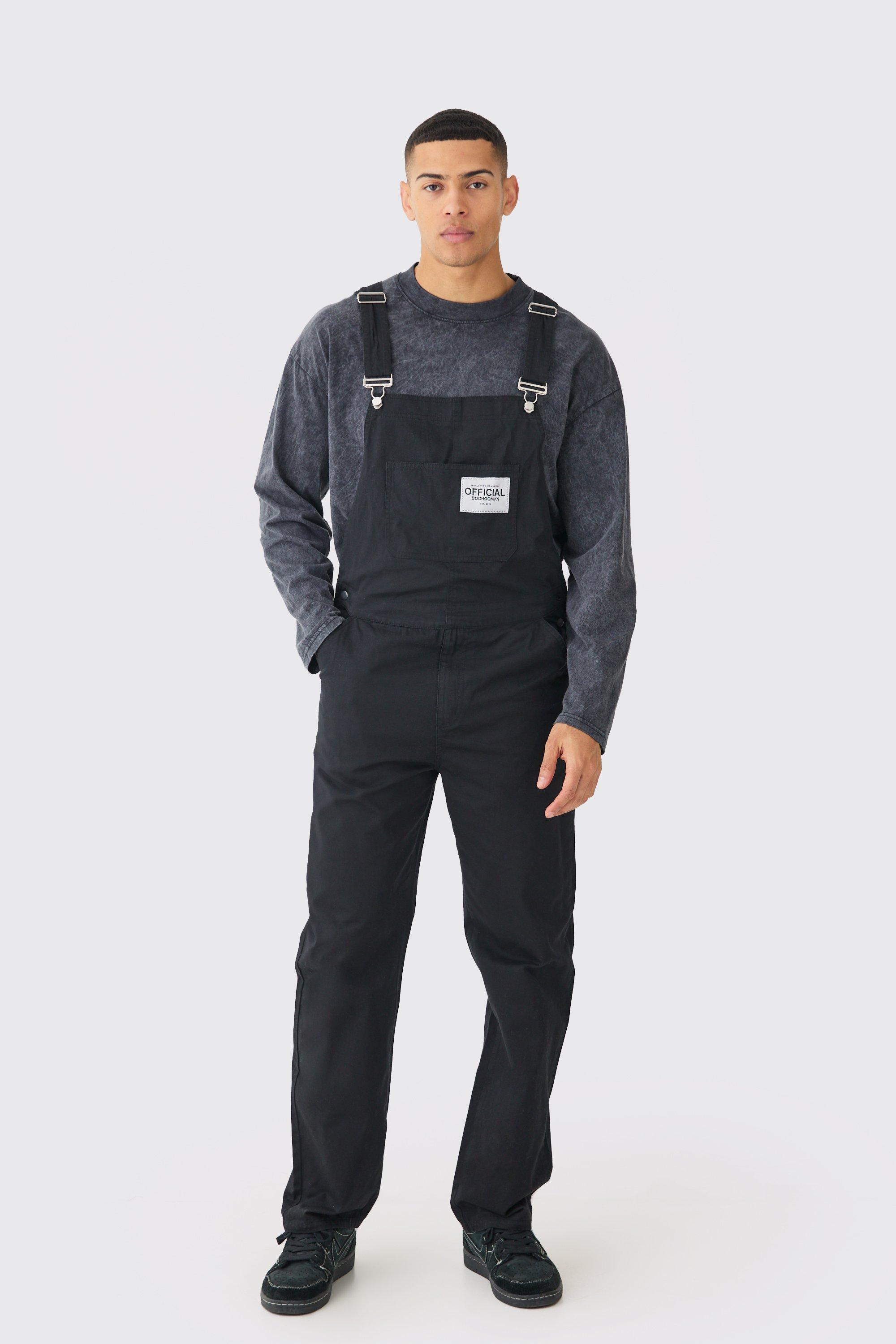 Mens Black Washed Twill Official Relaxed Fit Twill Dungarees, Black
