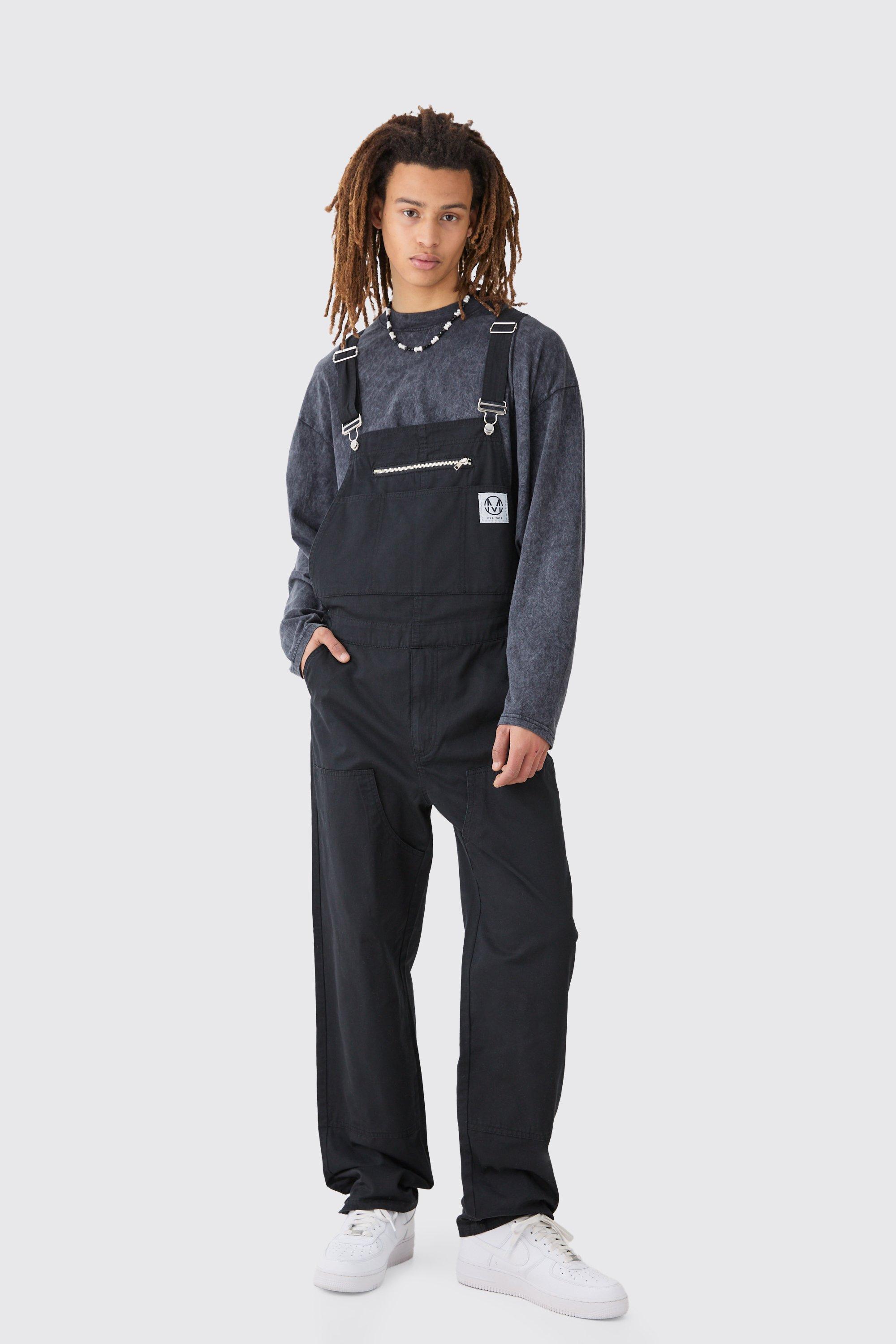 Mens Black Washed Twill Branded Zip Carpenter Relaxed Fit Dungarees, Black