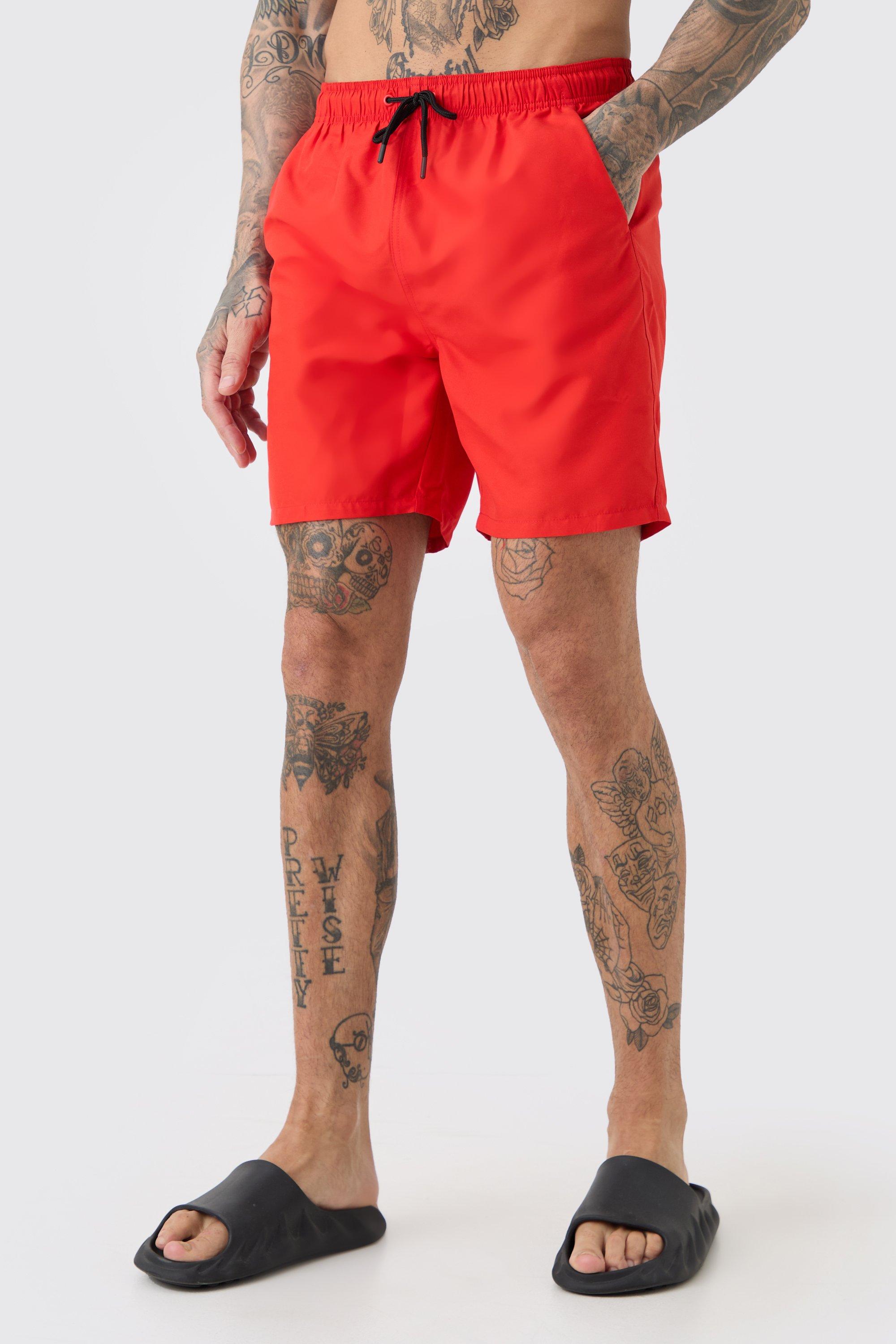 Mens Red Tall Plain Mid Length Swim Short, Red