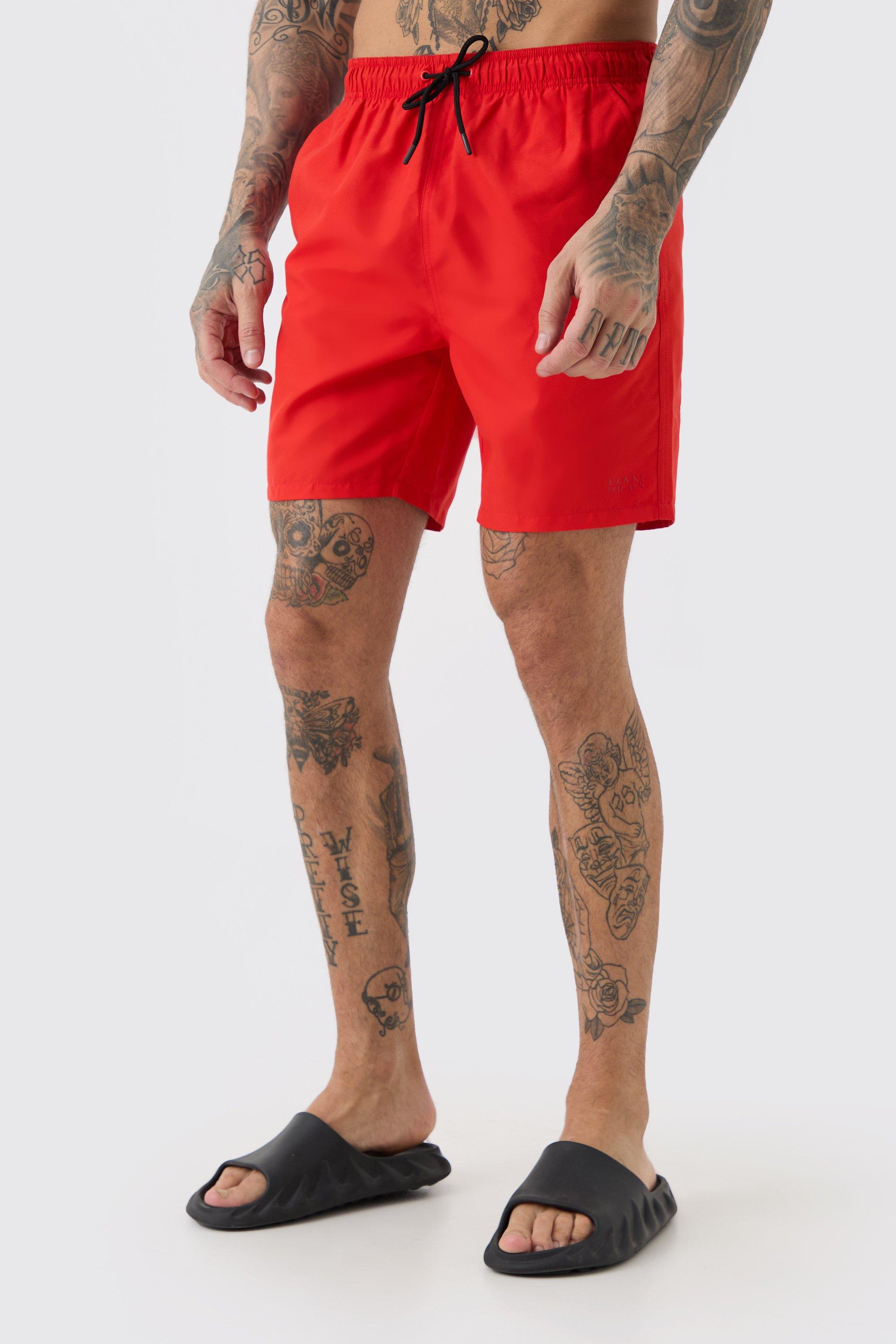 Mens Red Tall Original Man Mid Length Swim Short, Red