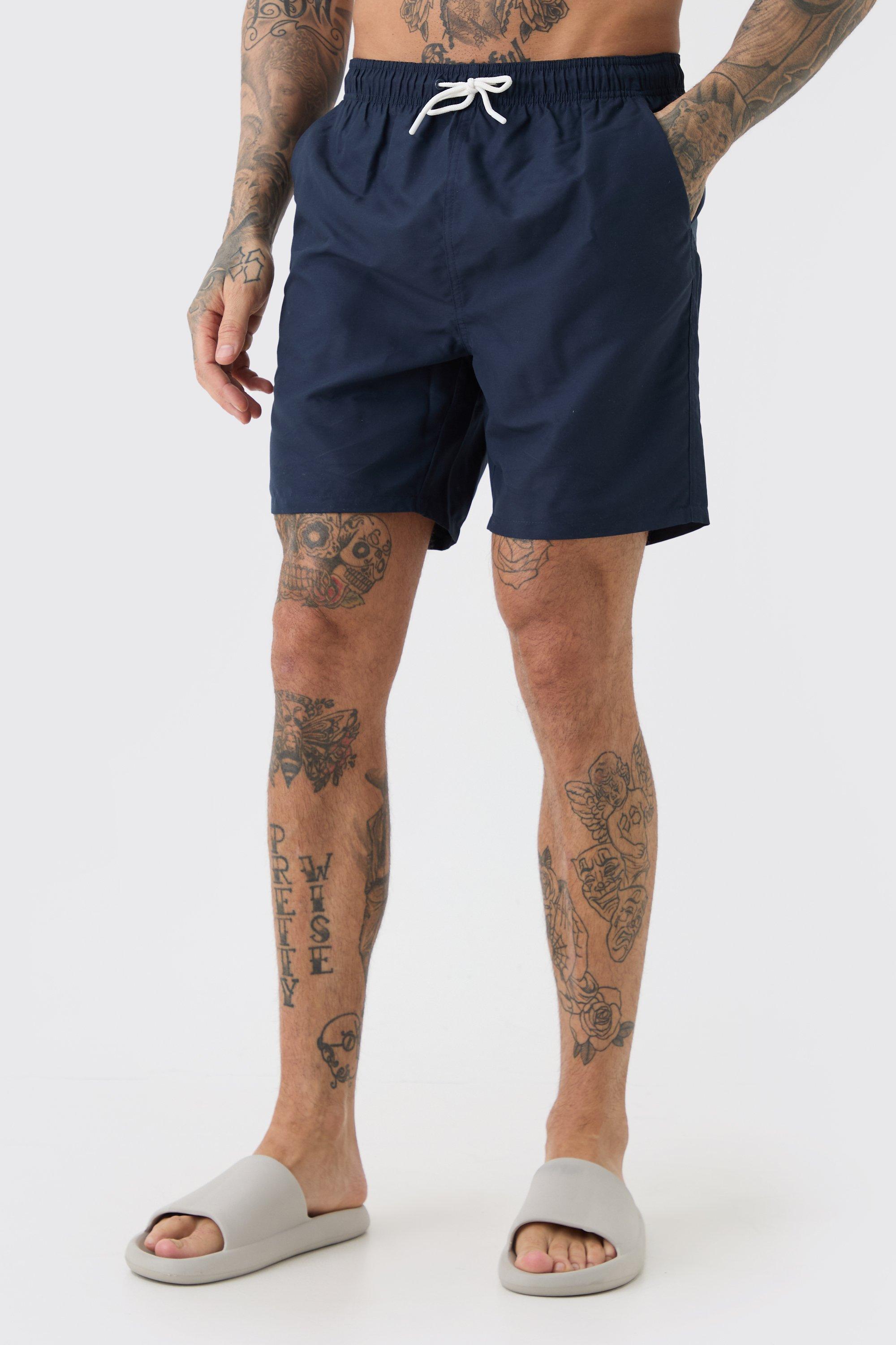 Mens Navy Tall Plain Mid Length Swim Short, Navy