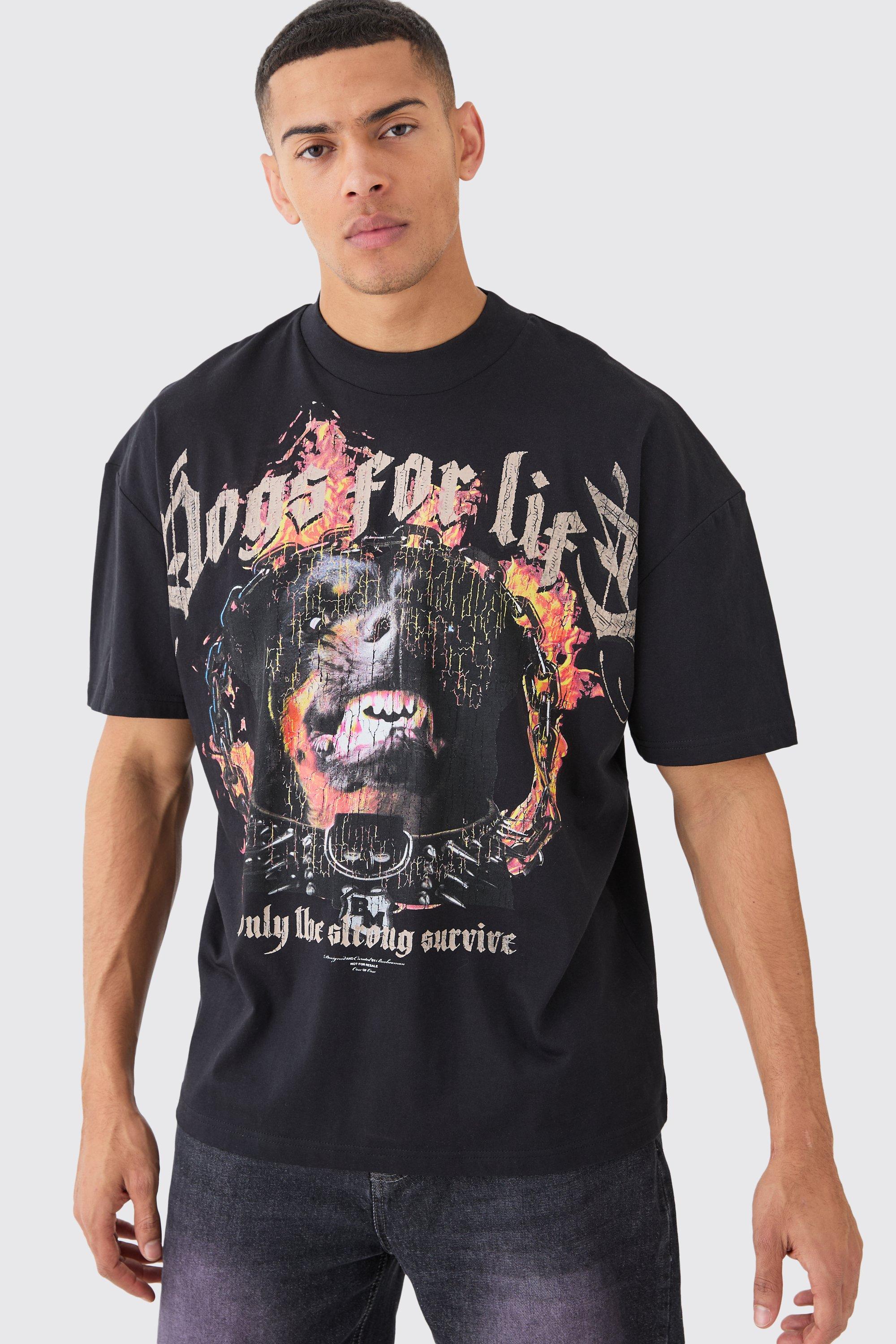 Image of T-shirt oversize pesante con grafica di cane effetto smagliato, Nero