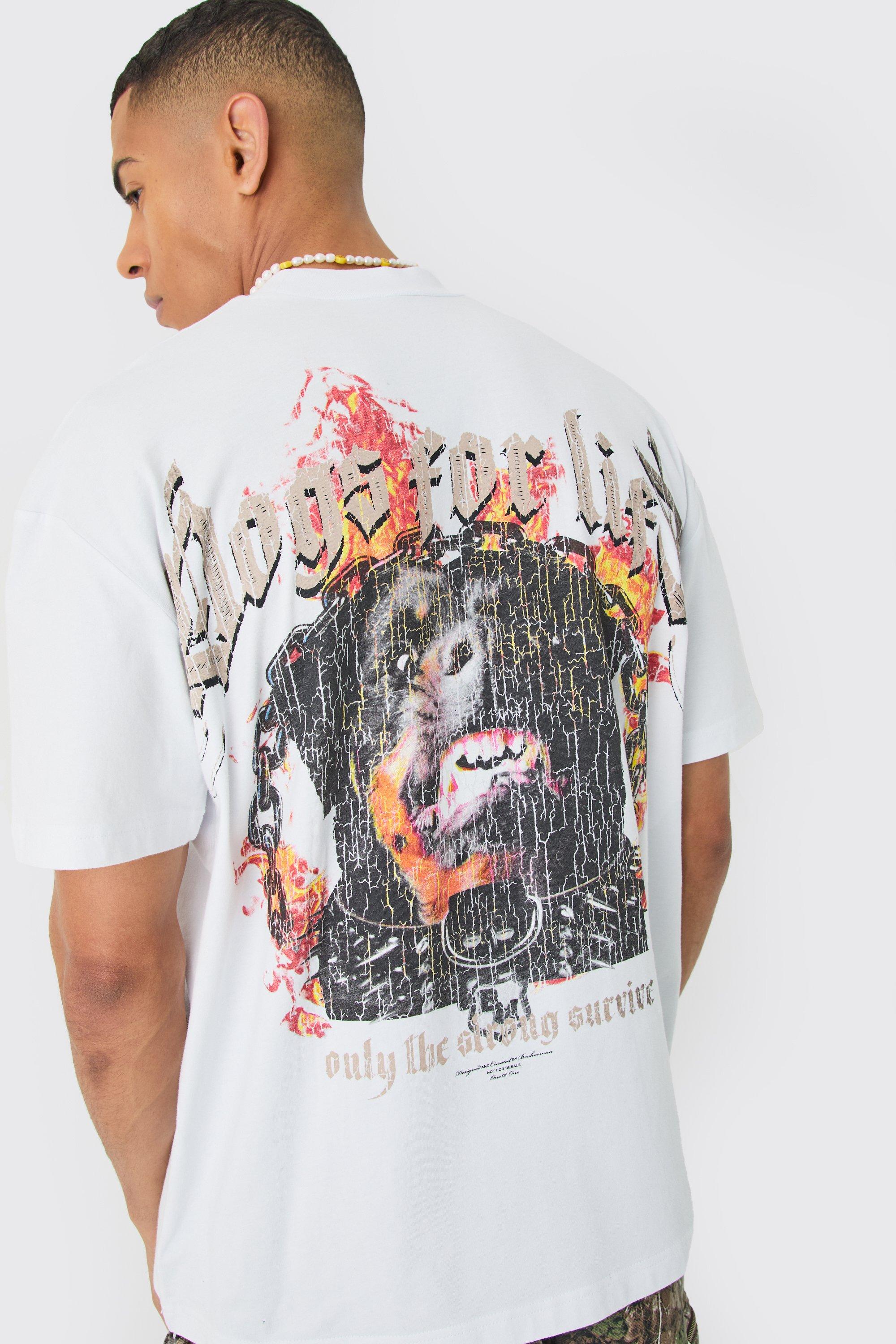 Image of T-shirt oversize pesante con grafica di cane effetto smagliato, Bianco