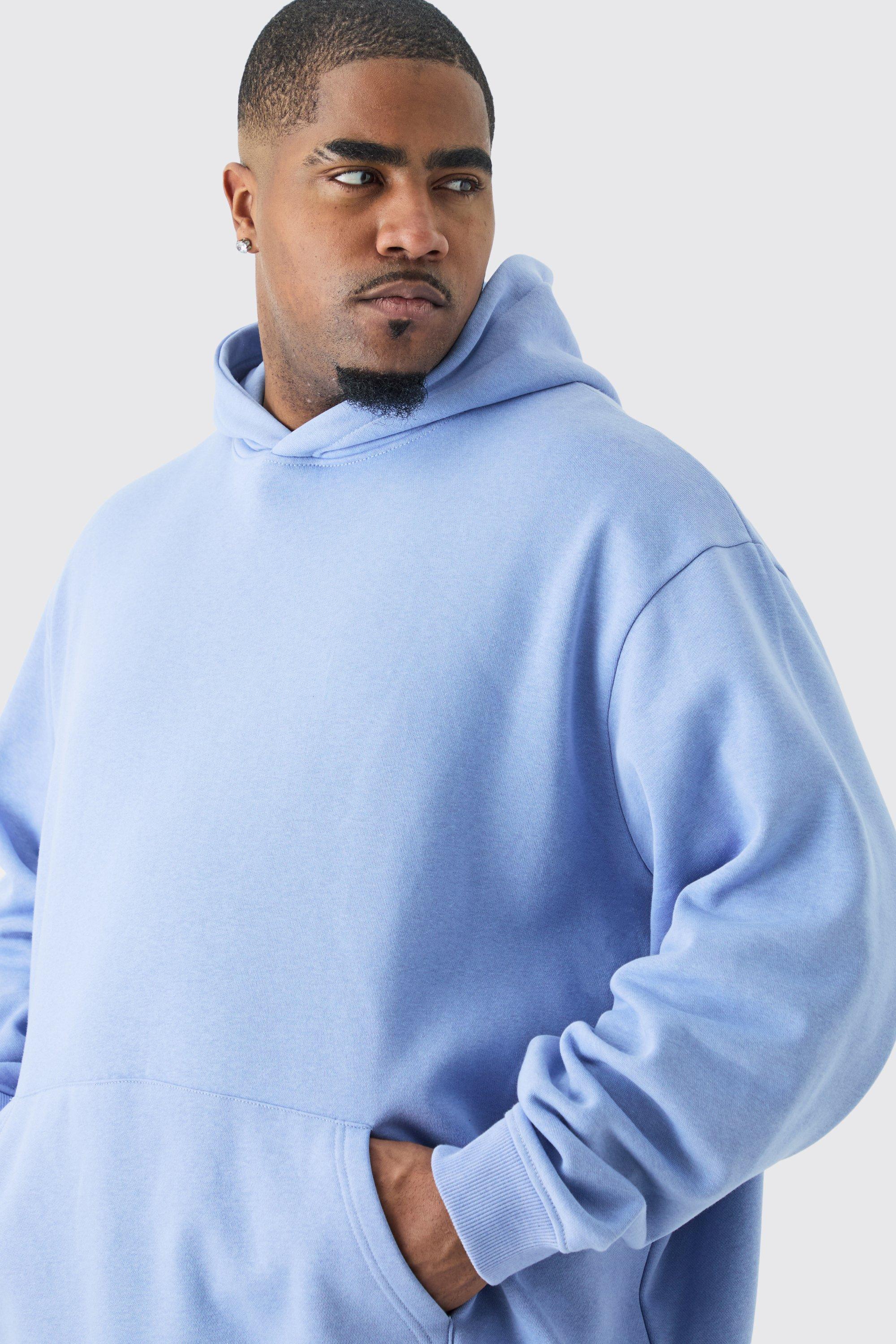Mens Blue Plus Oversized Basic Over The Head Hoodie, Blue