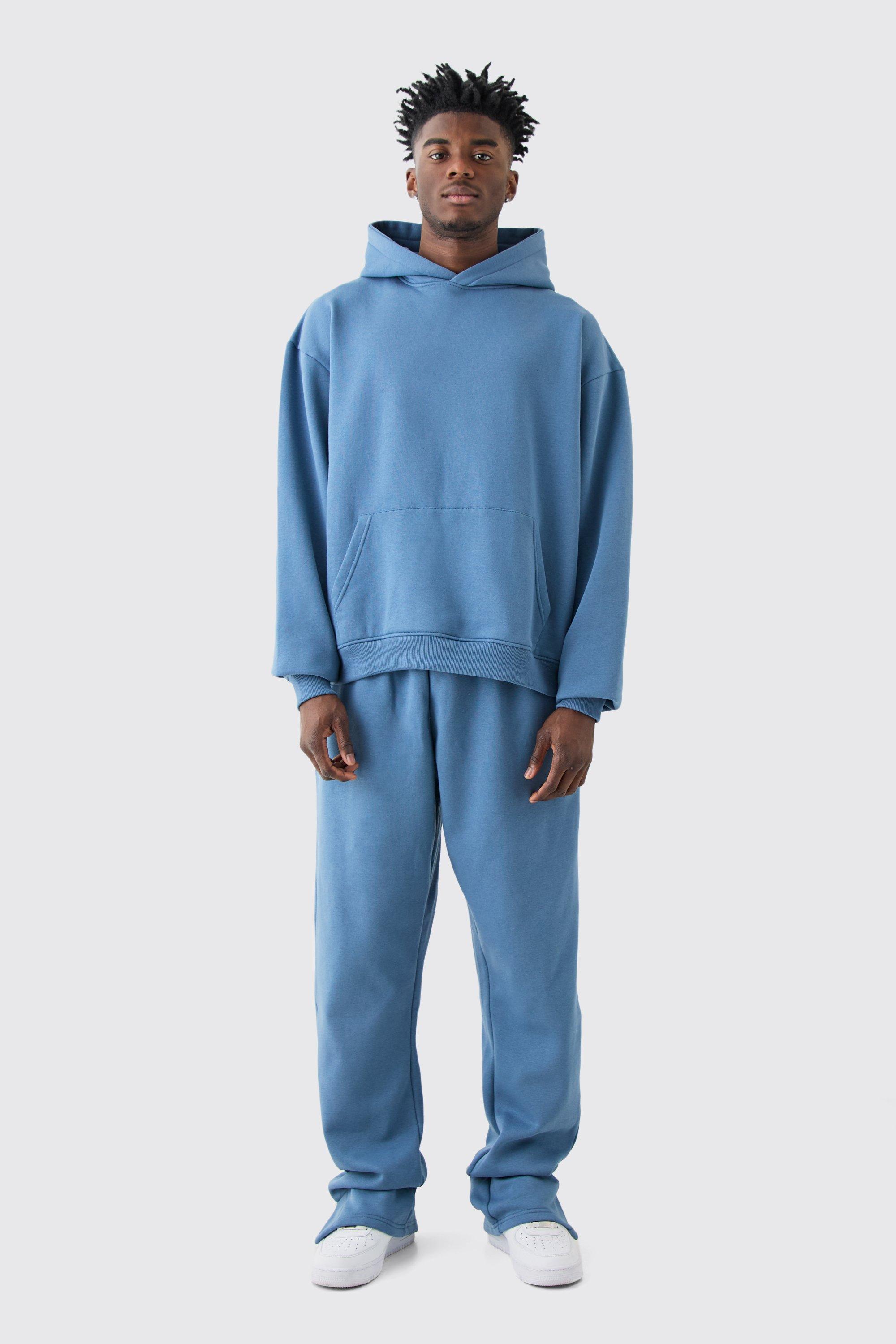 Mens Blue Tall Oversized Boxy Hooded Stacked Tracksuit, Blue