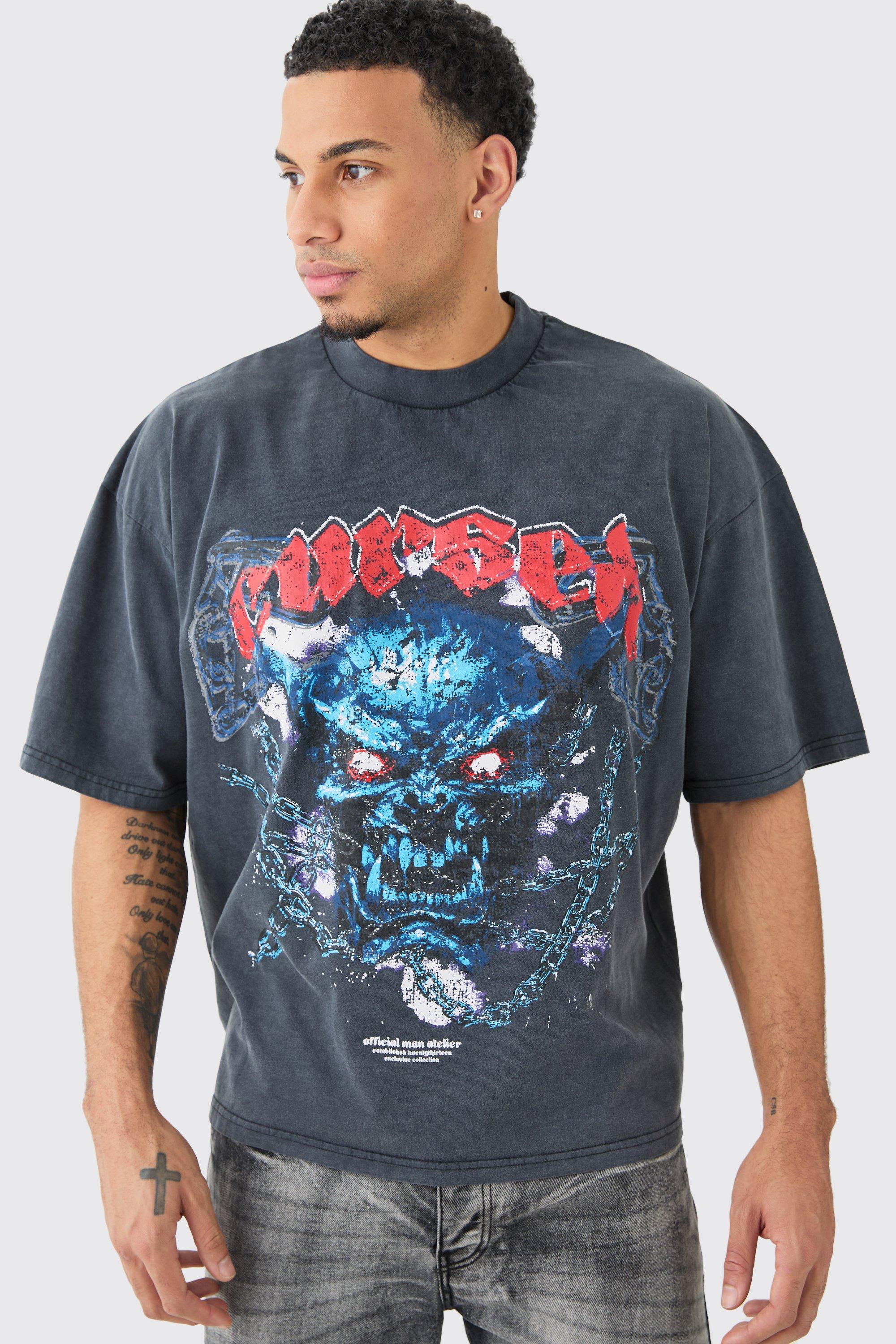 Image of Oversized Boxy Acid Wash Heavyweight T-shirt, Nero